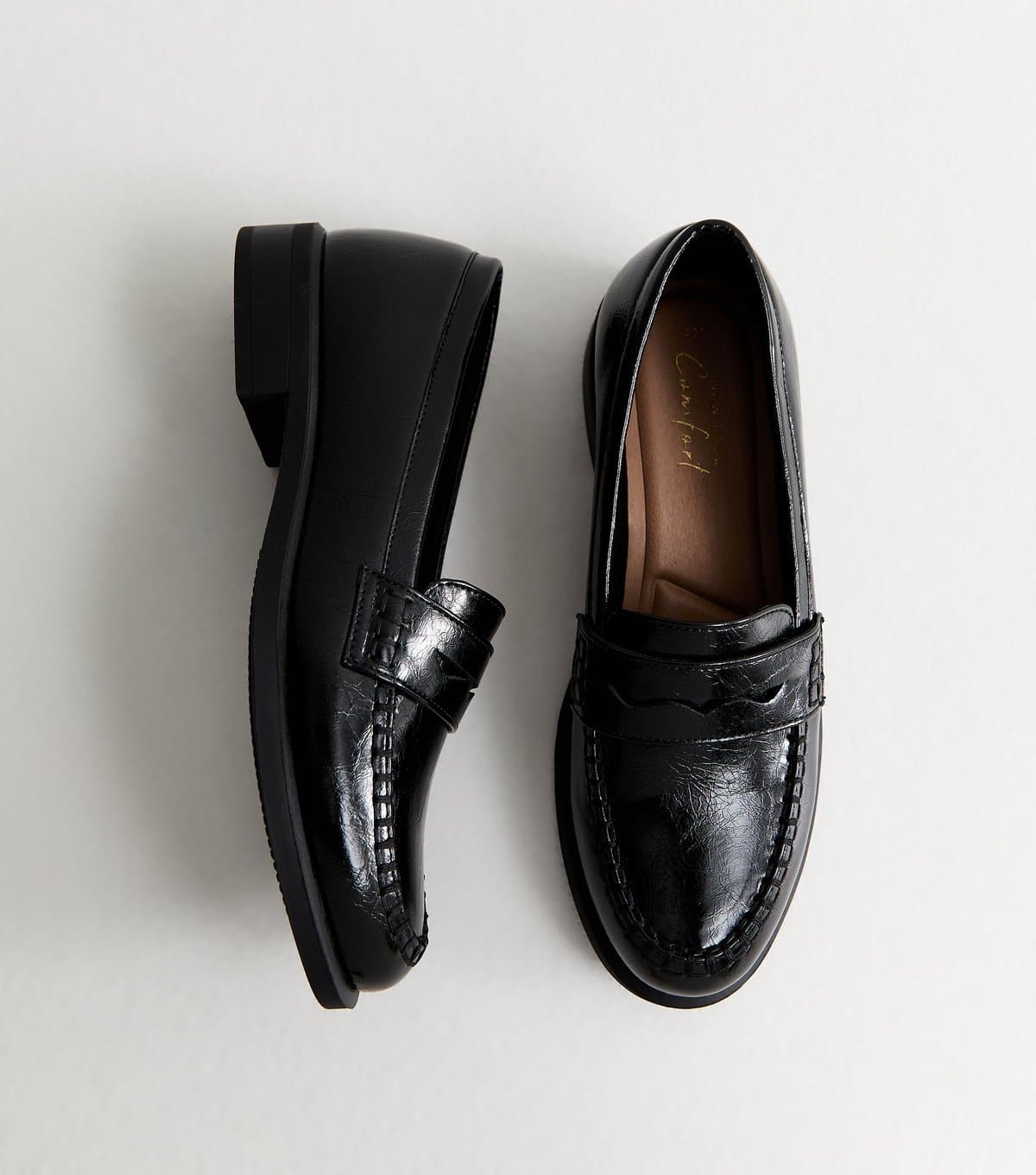 New Look Women's Black Faux Leather Flat Saddle Penny Loafers Vegan New Look