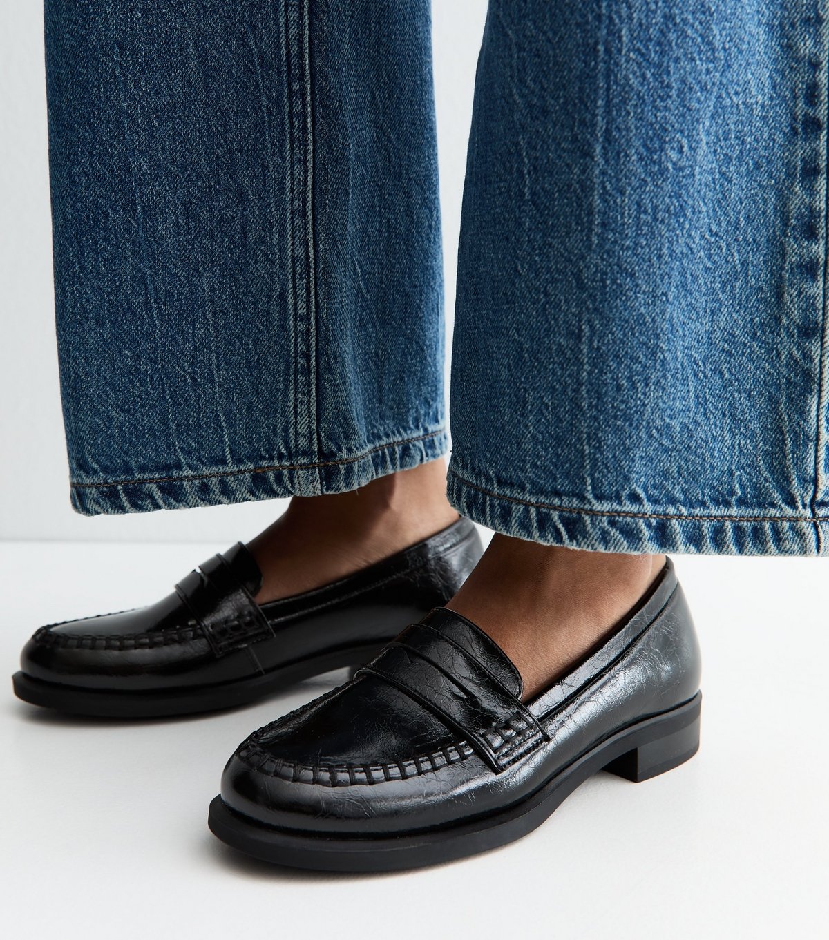 New Look Women's Black Faux Leather Flat Saddle Penny Loafers Vegan New Look - 2