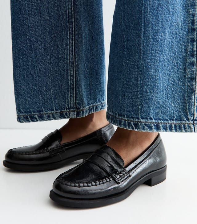 New Look Women's Black Faux Leather Flat Saddle Penny Loafers Vegan New Look - 2
