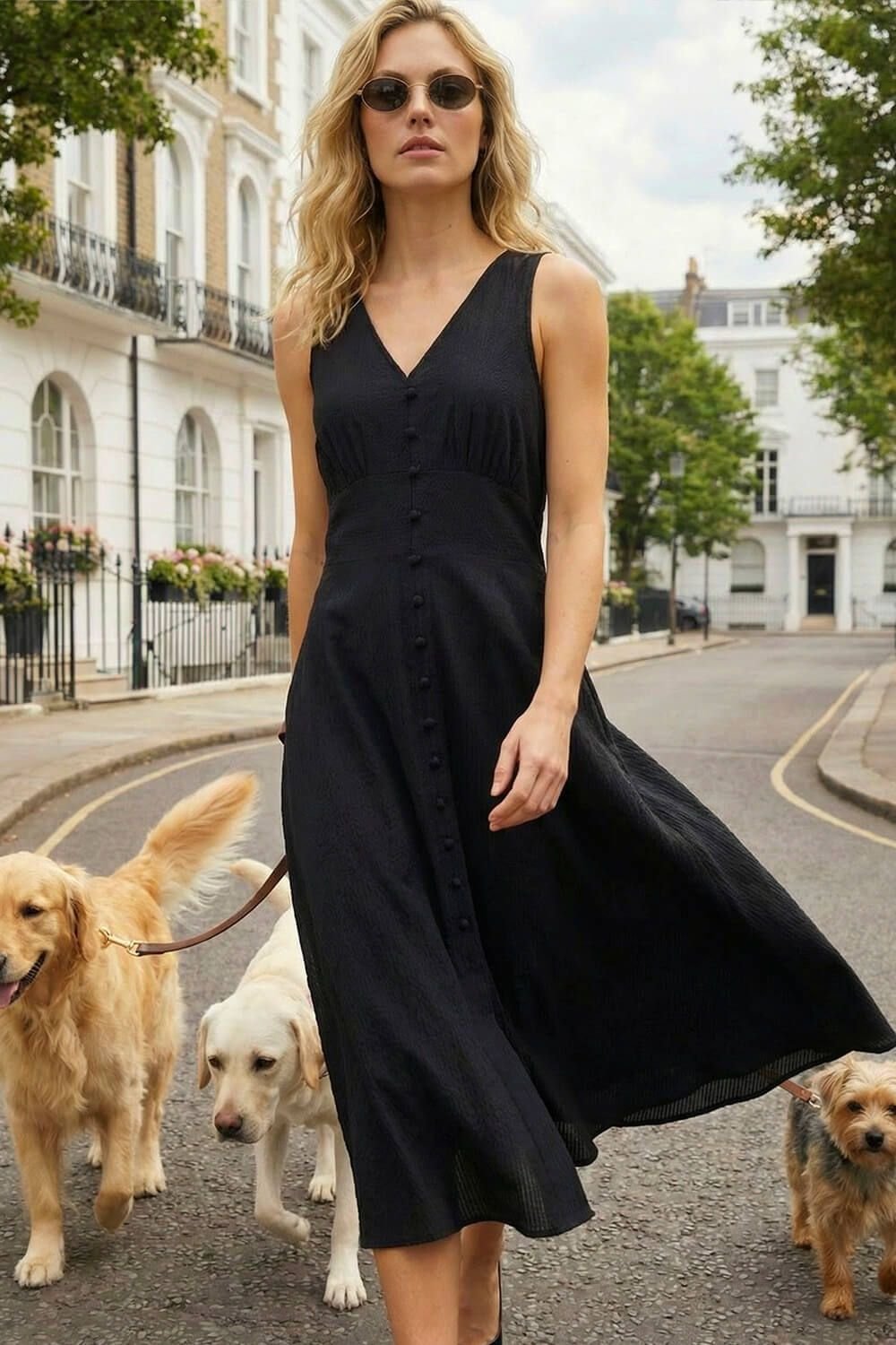 Roman Roman Women's Sleeveless Button Detail Cotton Midi Dress in Black - 3