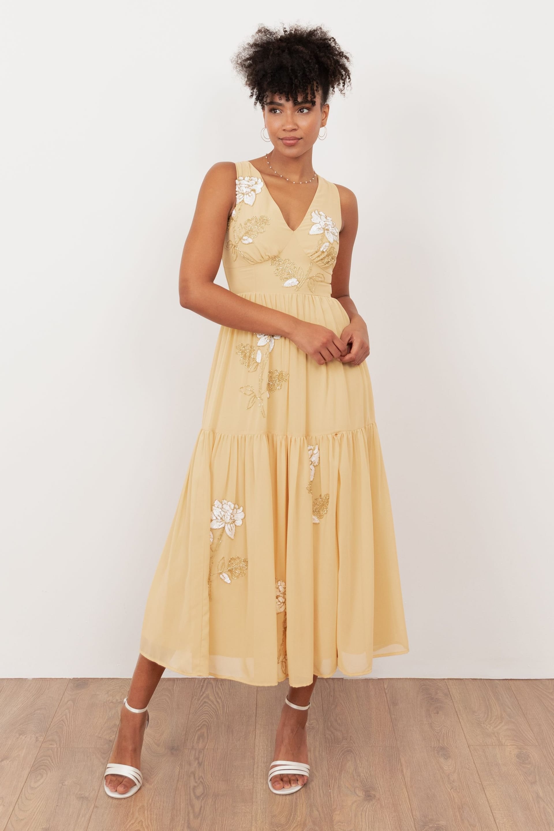 Maya Deluxe Yellow Floral Embellished V-Neck Midi Dress