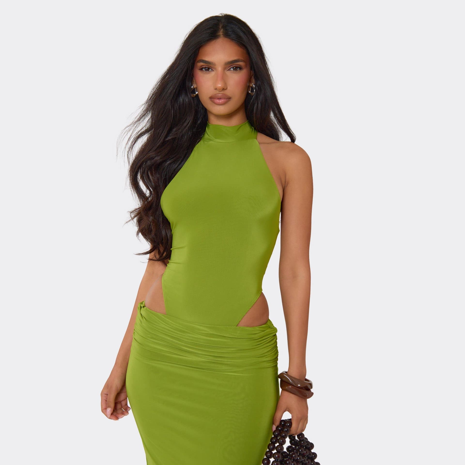 EGO High Collar Racer High Leg Bodysuit In Green Slinky, Women's Size UK 6
