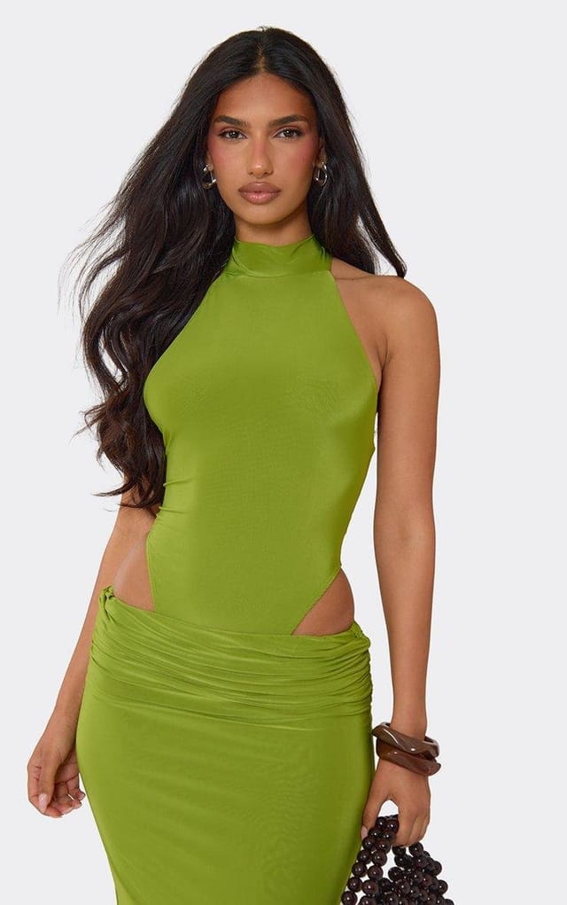 EGO High Collar Racer High Leg Bodysuit In Green Slinky, Women's Size UK 6 - 2