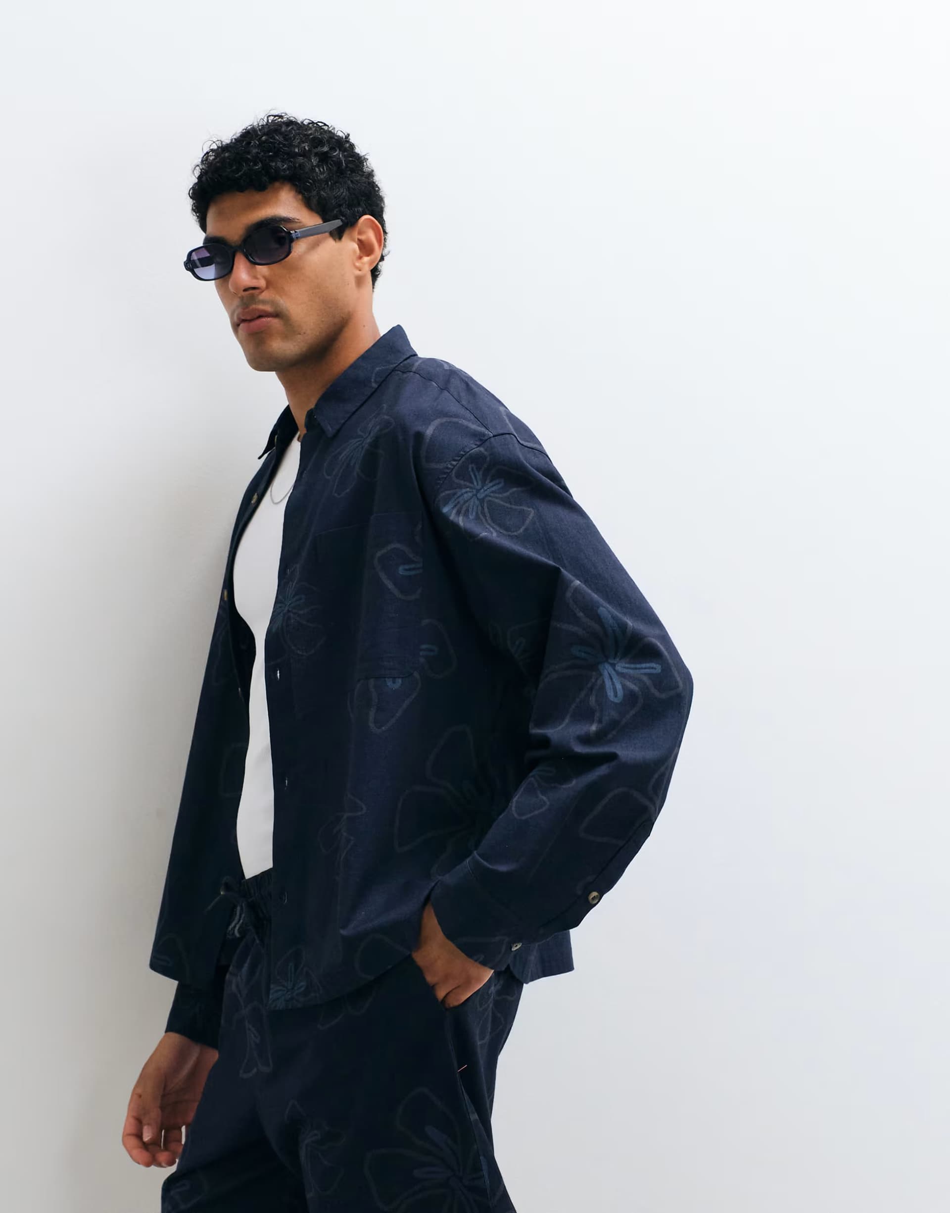 ASOS ASOS DESIGN co-ord boxy oversized floral shirt with linen in navy