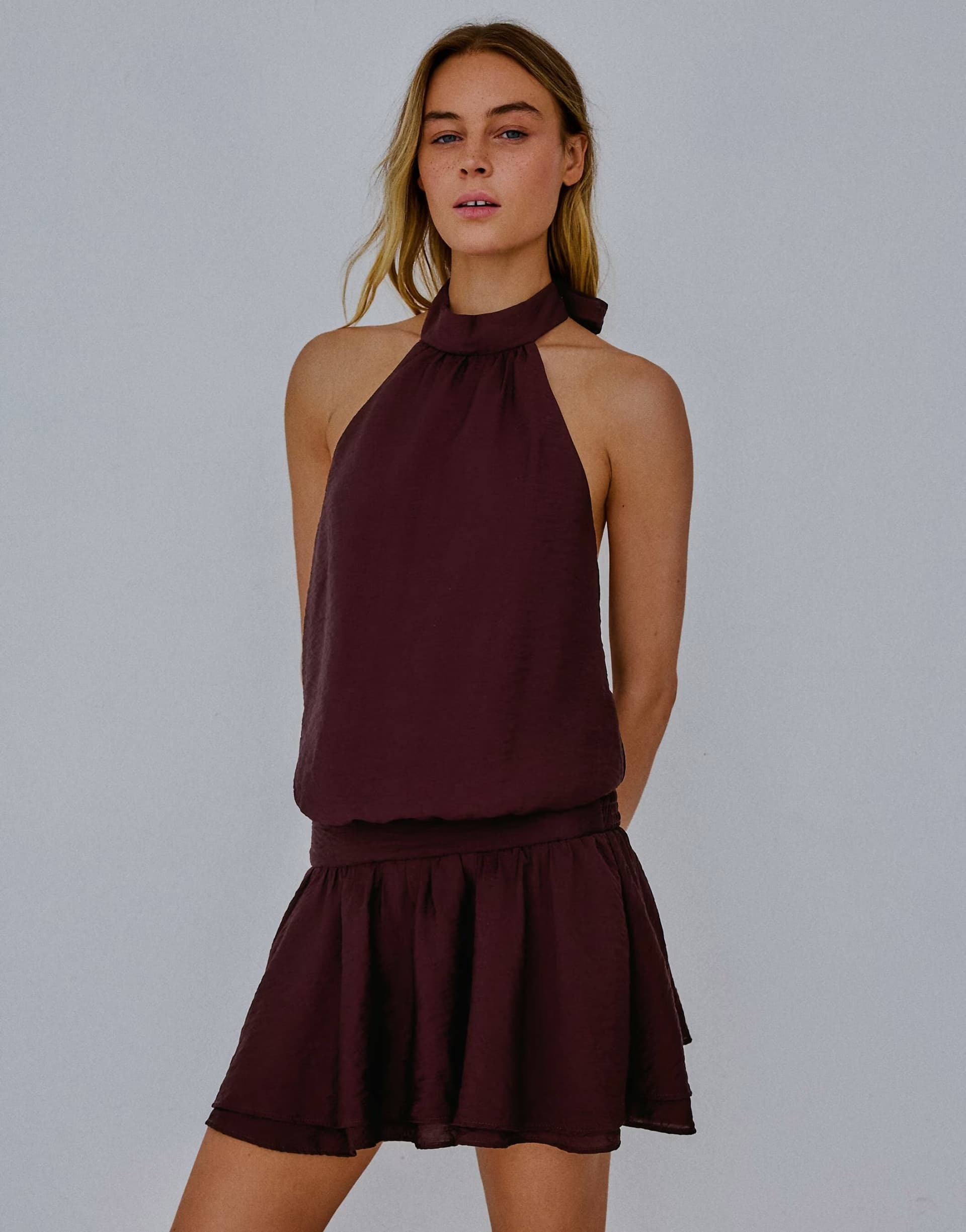 ASOS Bershka Halter neck mini dress in burgundy