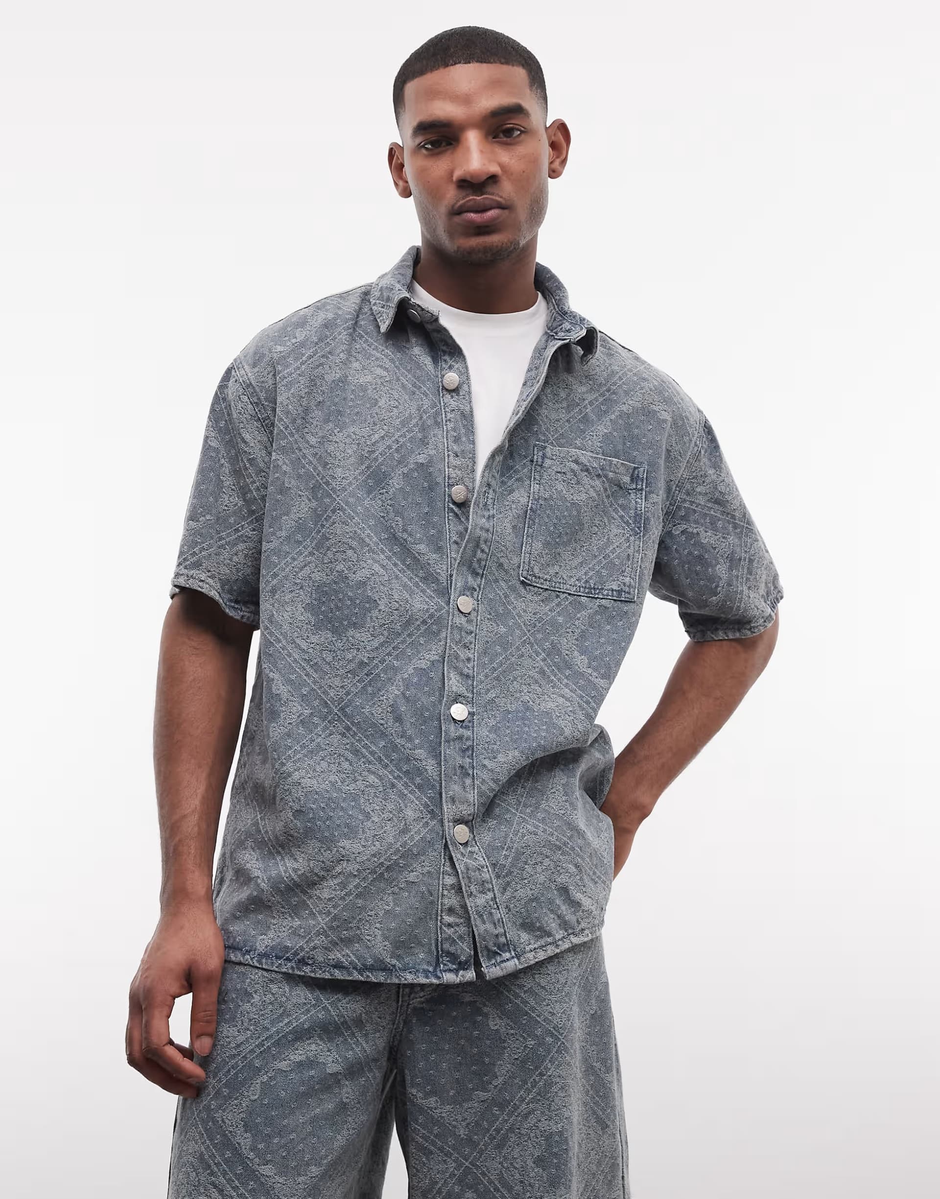 ASOS Liquor N Poker relaxed denim shirt co-ord in blue paisley jacquard