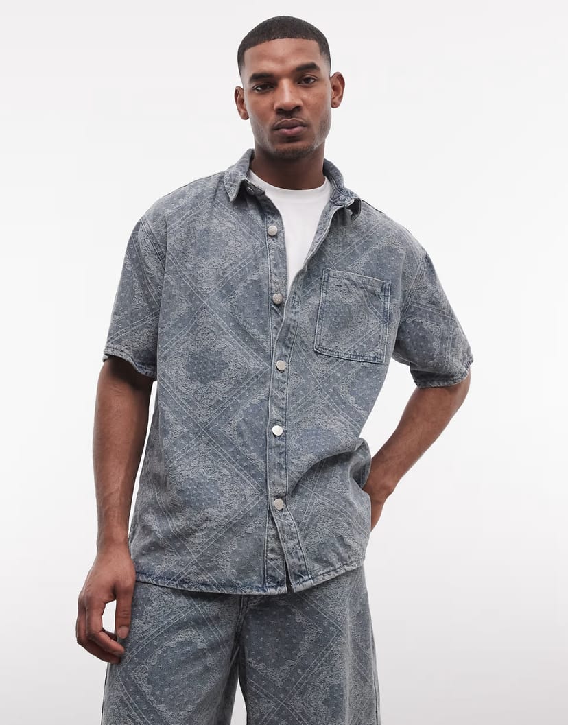ASOS Liquor N Poker relaxed denim shirt co-ord in blue paisley jacquard - 1