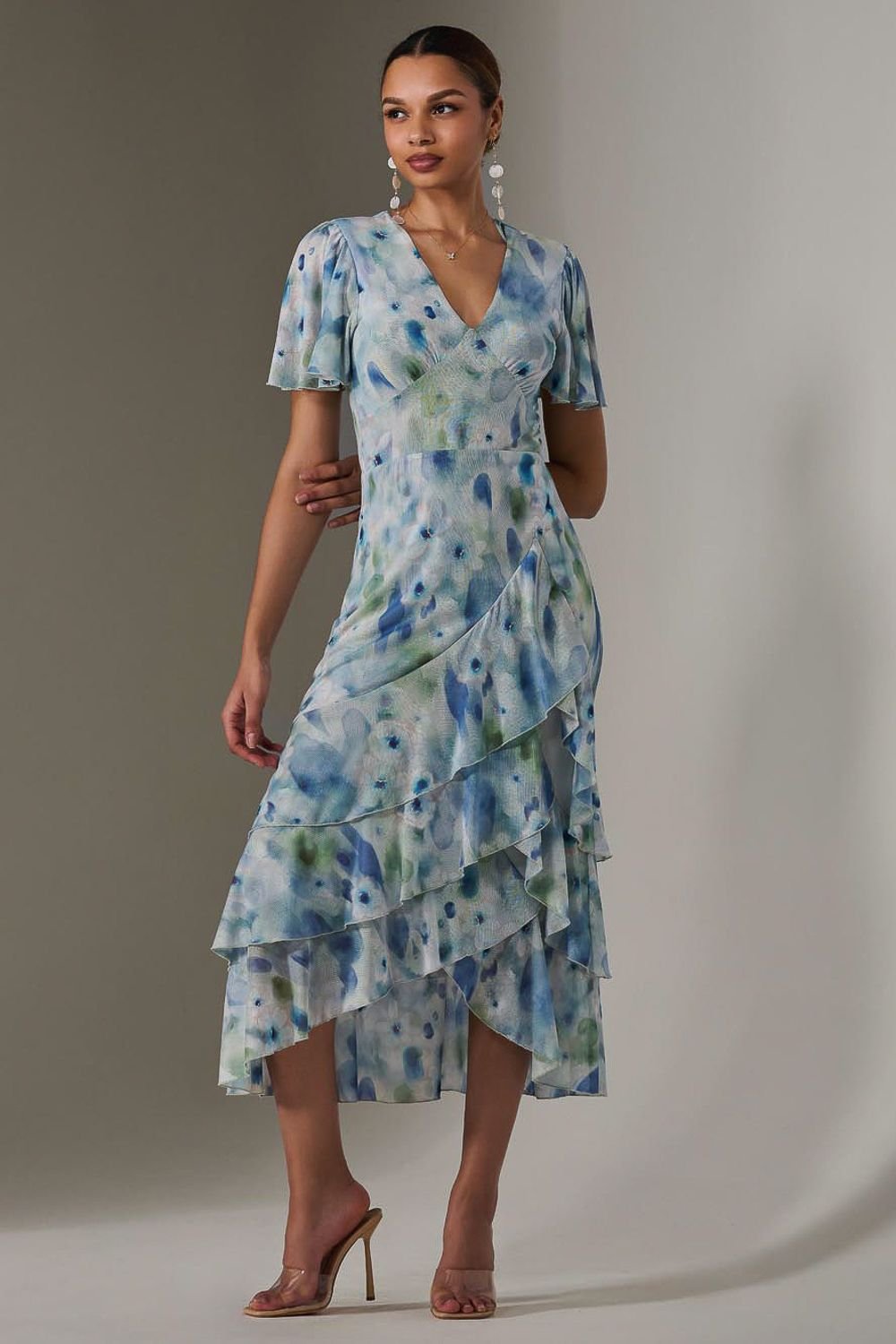 Jolie Moi Jolie Moi Women's Mesh Print Frill Hem Midaxi Dress in Light Blue - 2