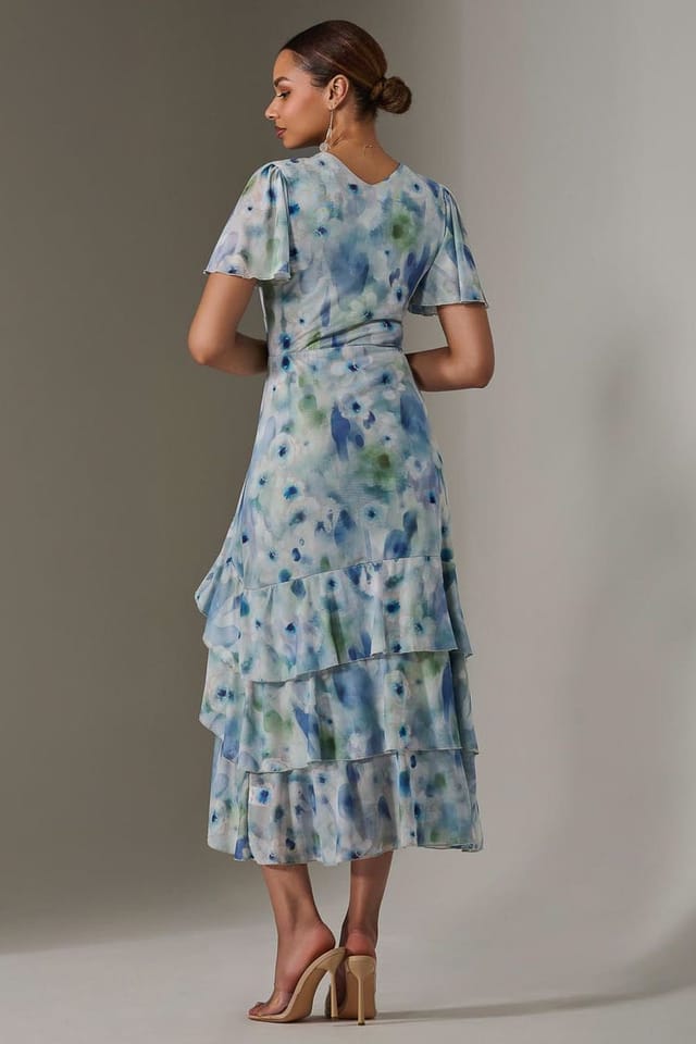 Jolie Moi Jolie Moi Women's Mesh Print Frill Hem Midaxi Dress in Light Blue - 2