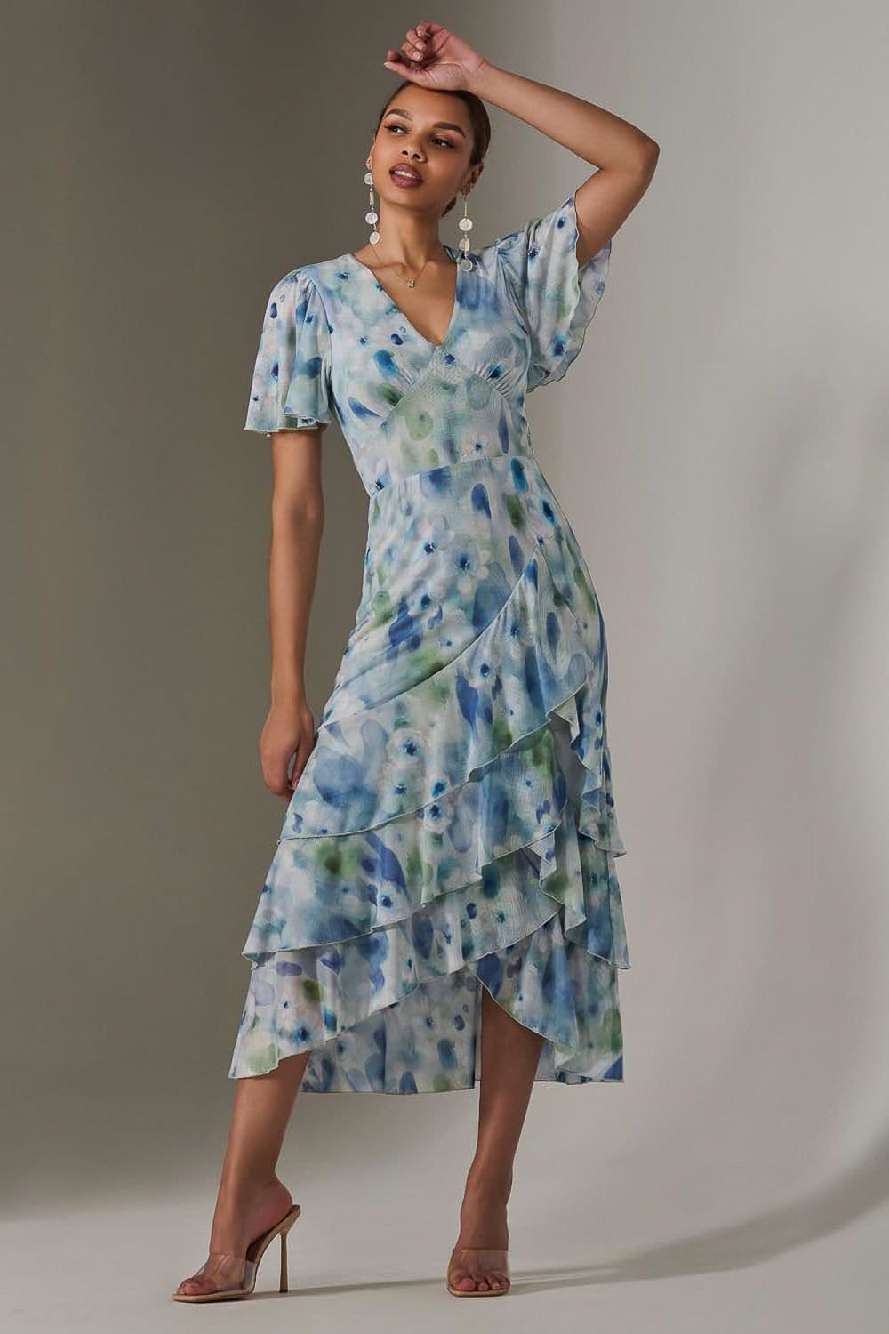 Jolie Moi Jolie Moi Women's Mesh Print Frill Hem Midaxi Dress in Light Blue - 4