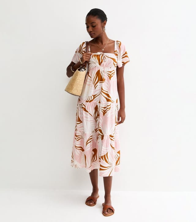 New Look Women's Light Pink Crepe Leaf Print Tiered Midi Dress New Look - 2