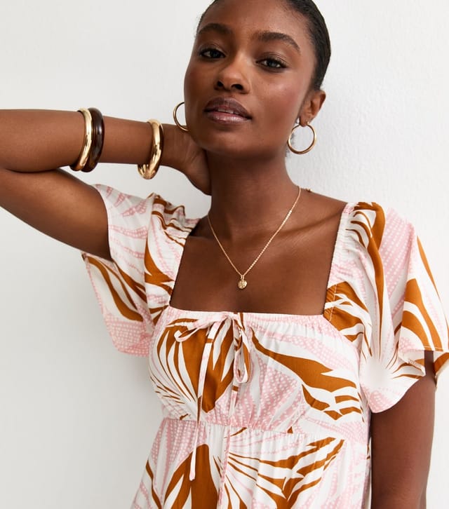 New Look Women's Light Pink Crepe Leaf Print Tiered Midi Dress New Look - 3