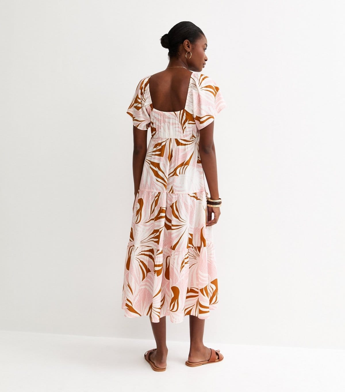 New Look Women's Light Pink Crepe Leaf Print Tiered Midi Dress New Look - 4