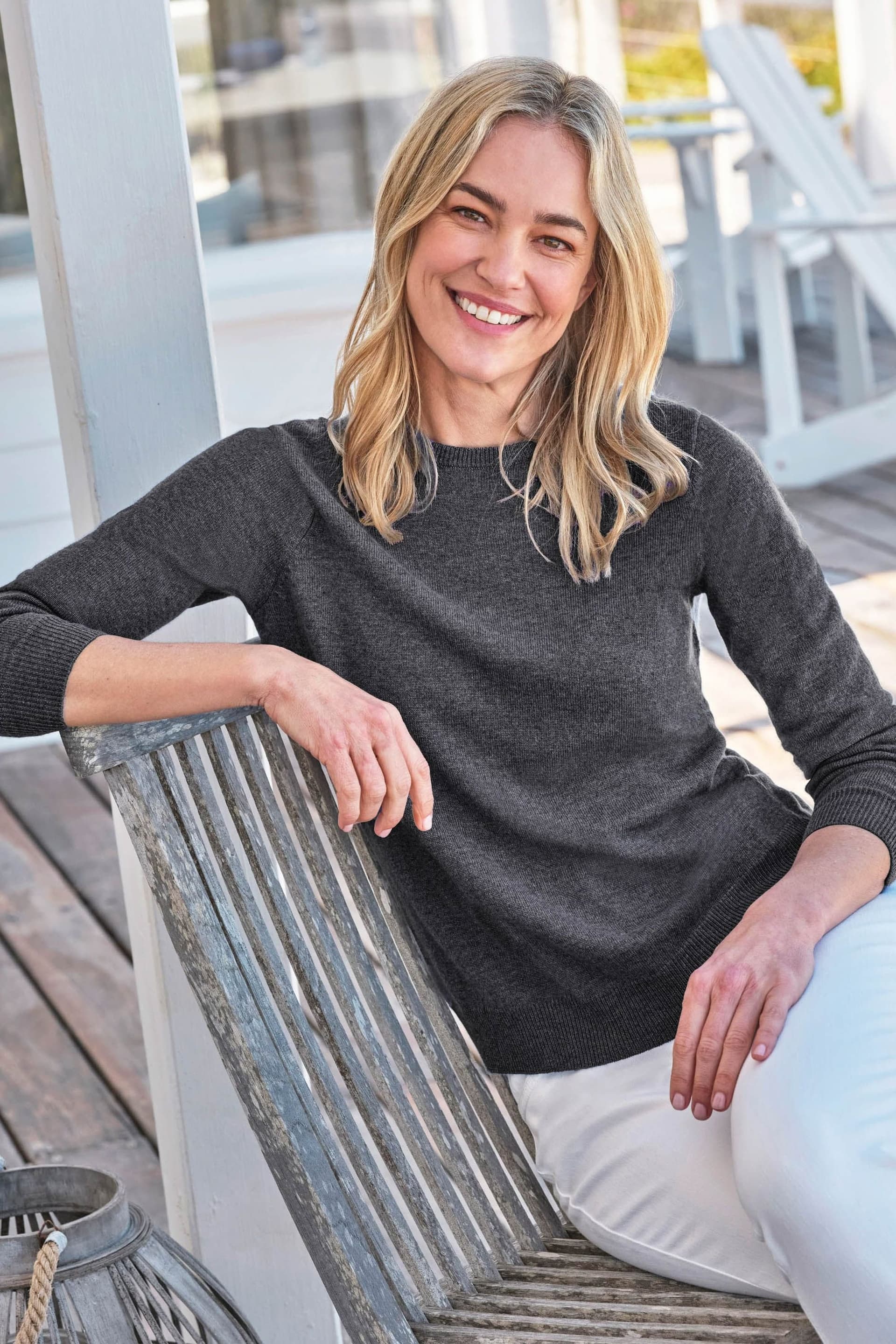 WoolOvers WoolOvers Women's Cashmere & Merino Crew Neck Jumper Womens in Charcoal