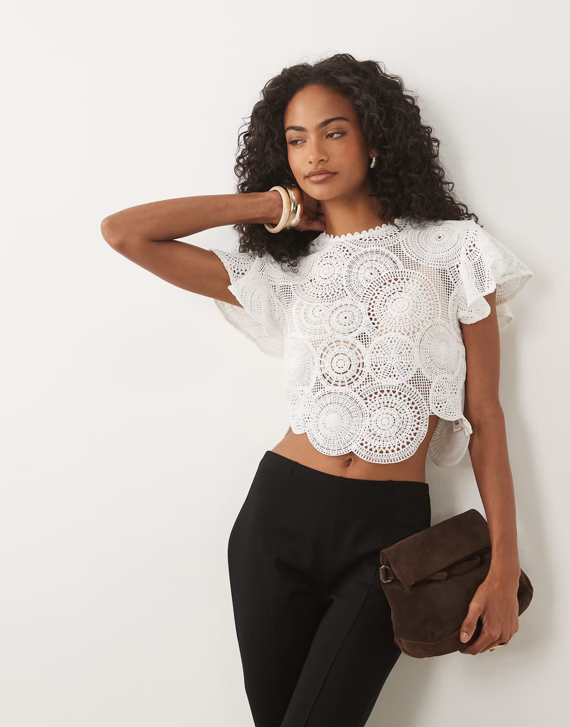 ASOS ASOS DESIGN crochet flutter sleeve high neck top in ivory
