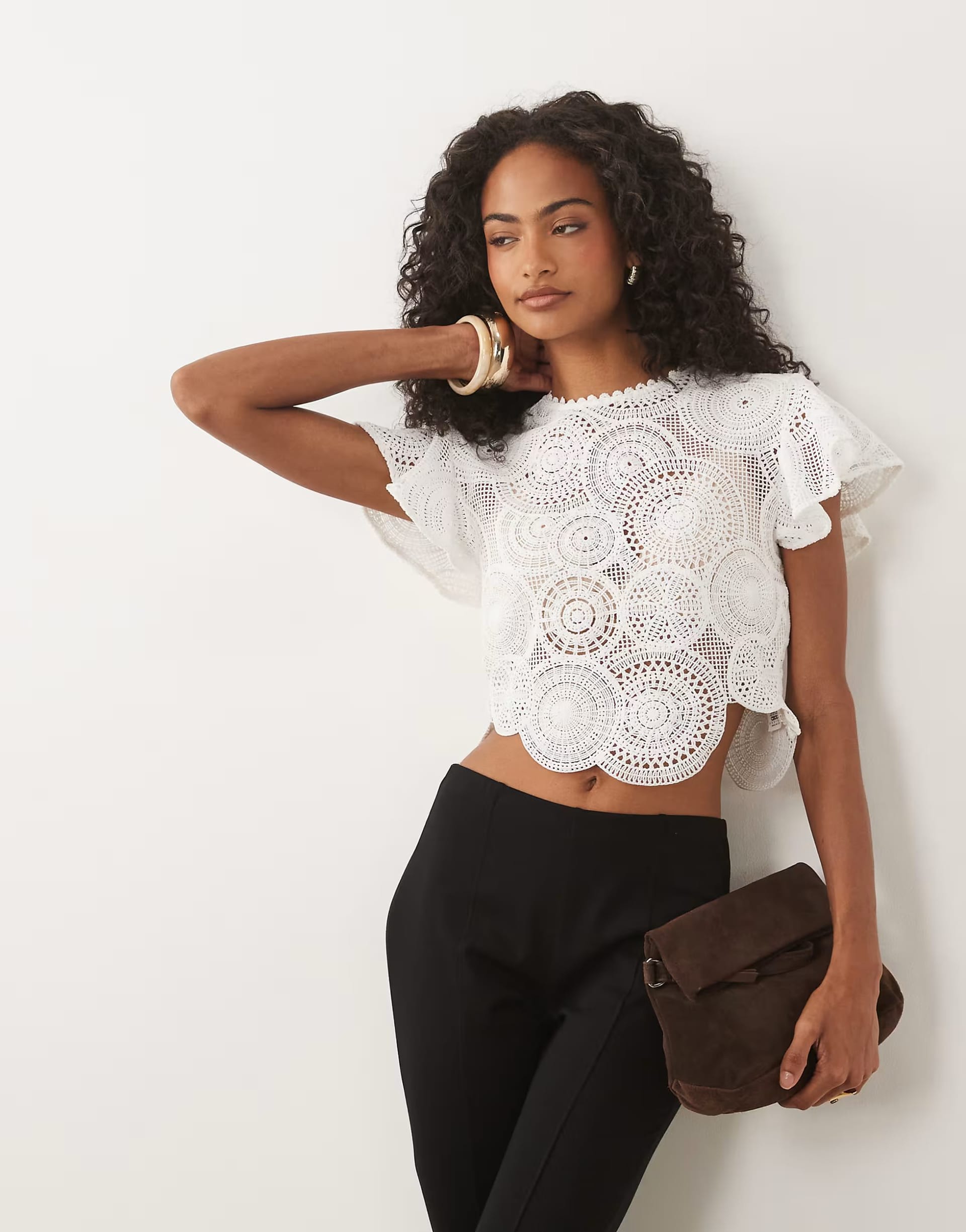ASOS DESIGN crochet flutter sleeve high neck top in ivory
