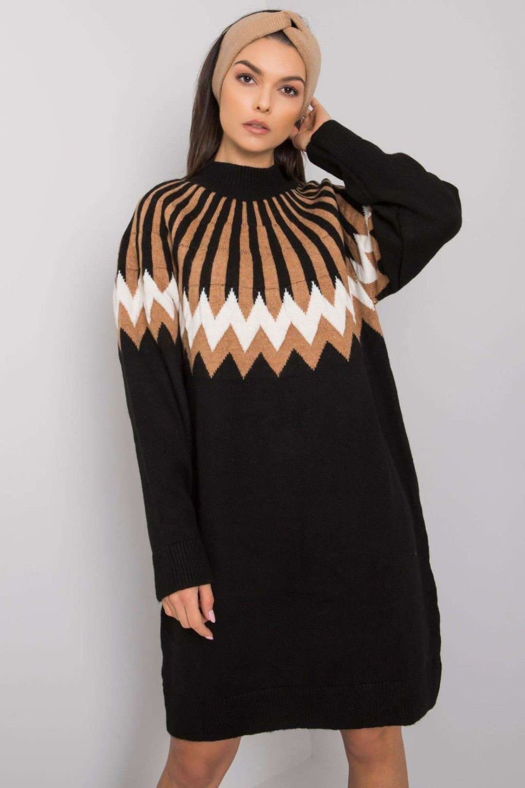 Love Lace Love Lace Women's Geometric Knit Turtleneck Long Sleeve Dress Style 189296 in Black