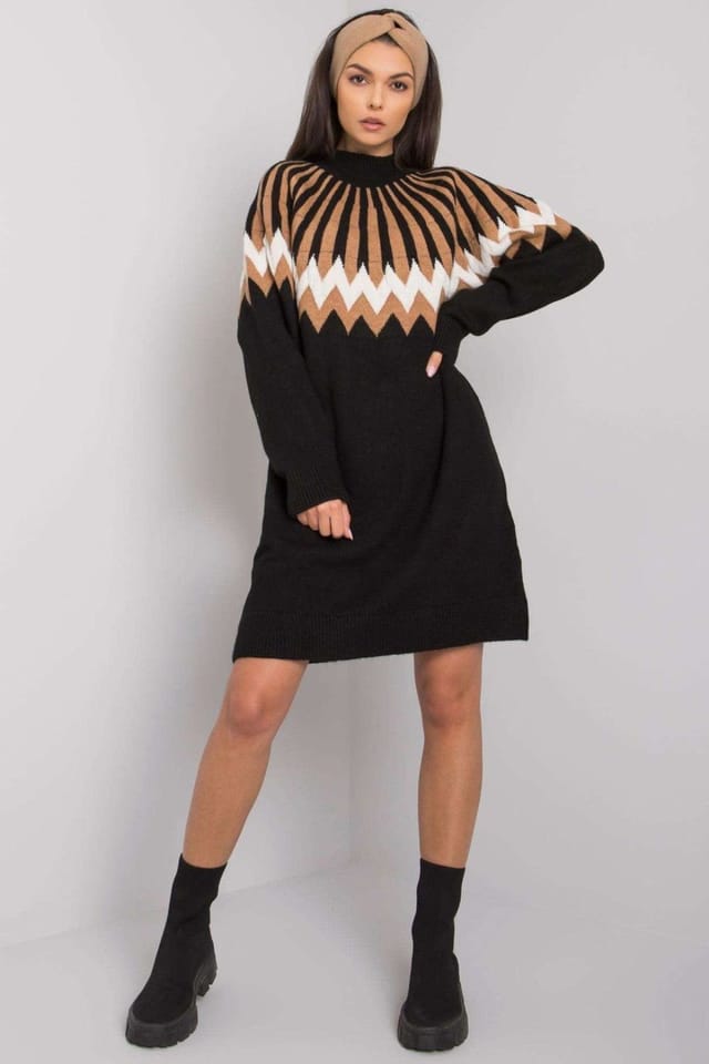 Love Lace Love Lace Women's Geometric Knit Turtleneck Long Sleeve Dress Style 189296 in Black - 2