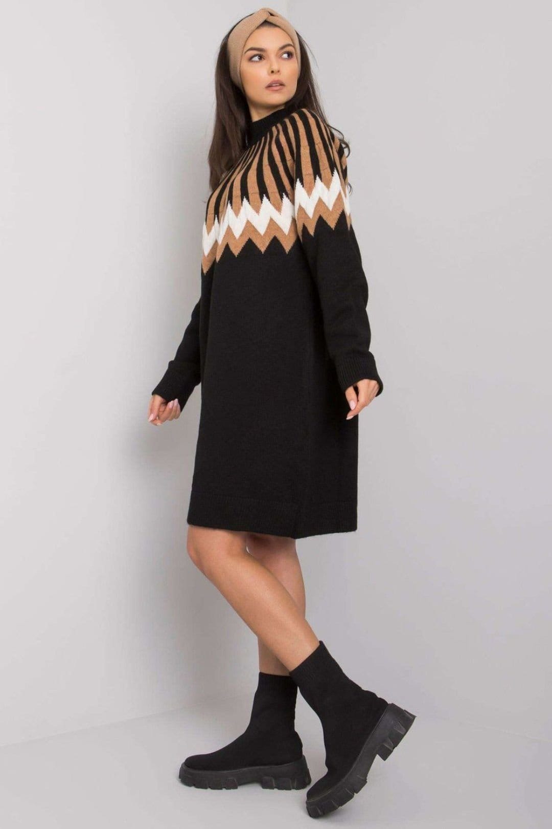 Love Lace Love Lace Women's Geometric Knit Turtleneck Long Sleeve Dress Style 189296 in Black - 4