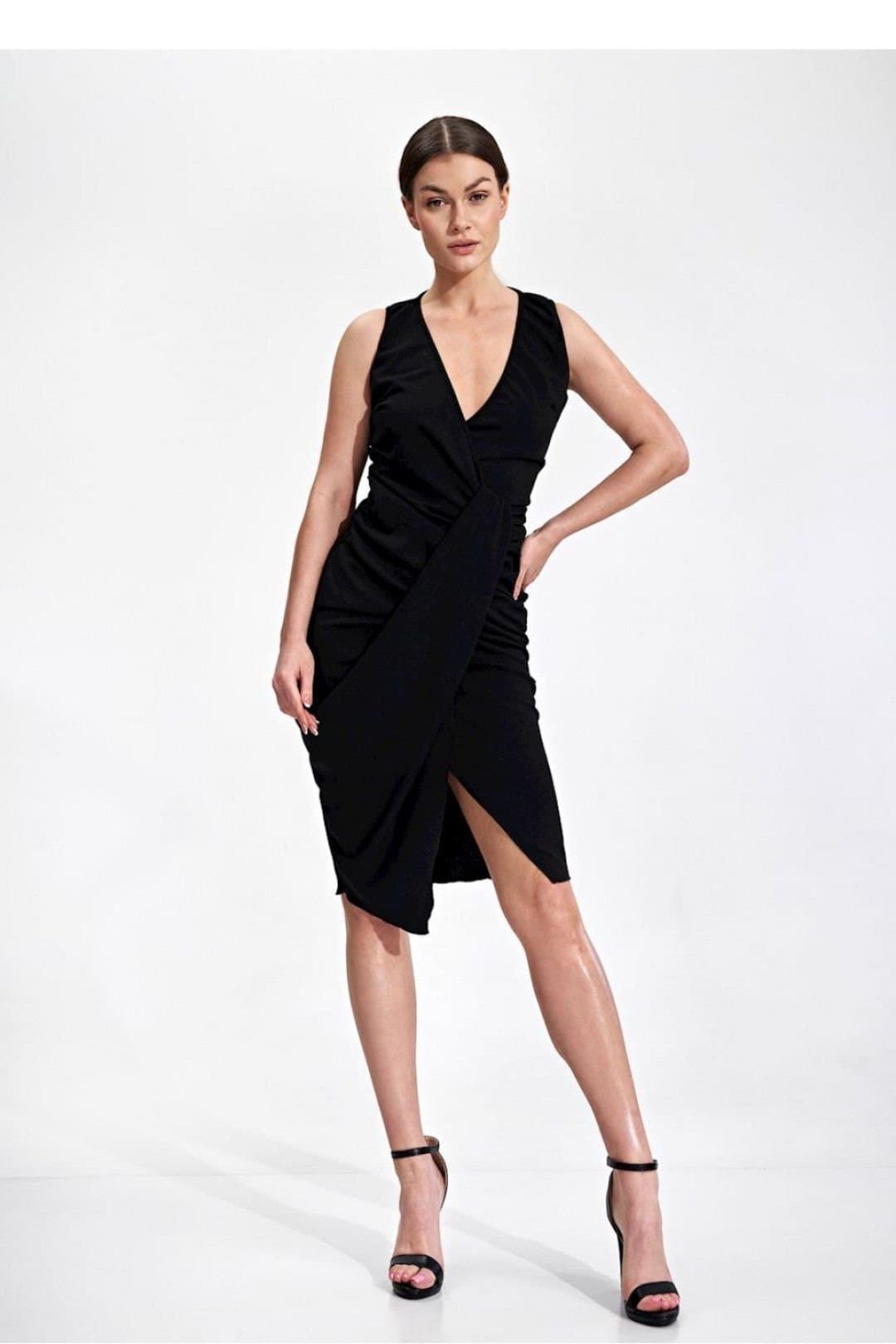 Love Lace Love Lace Women's Cocktail Midi Dress Envelope Neck Draped Stretch in Black