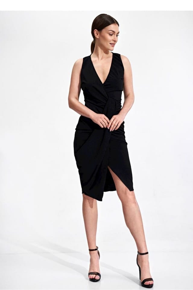 Love Lace Love Lace Women's Cocktail Midi Dress Envelope Neck Draped Stretch in Black - 2