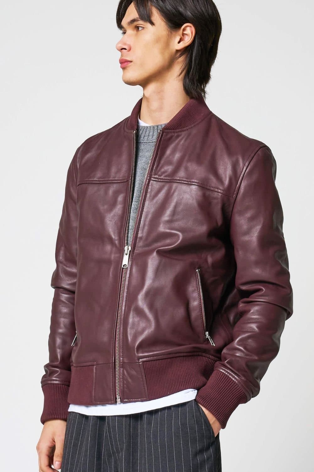 Barneys Originals Barneys Originals Men's Burgundy Real Leather Bomber Jacket