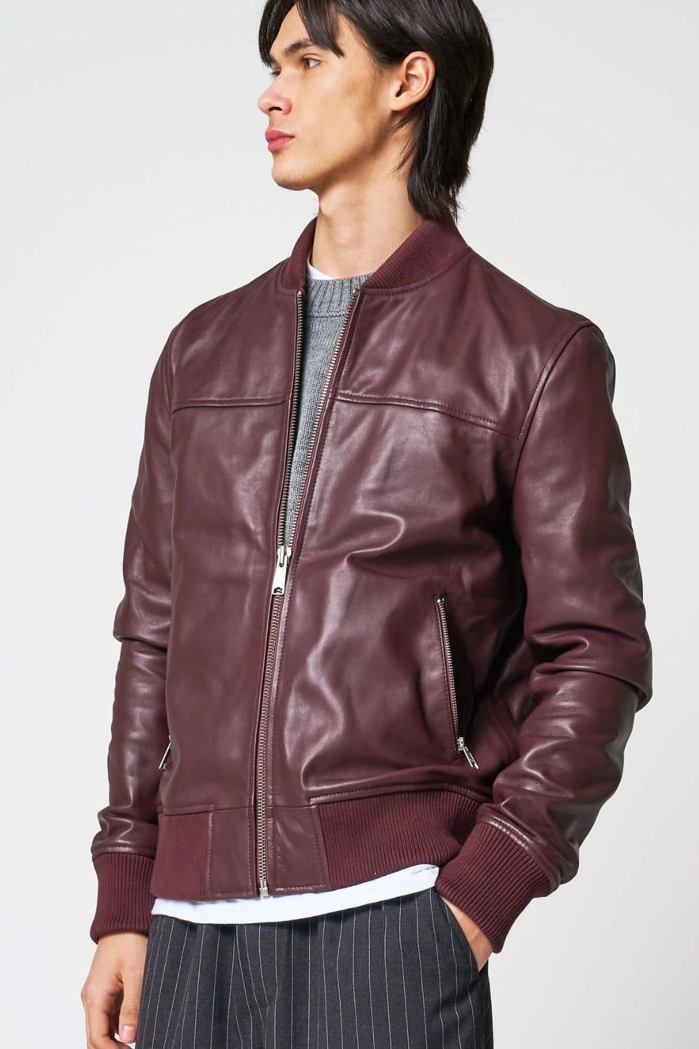 Barneys Originals Men's Burgundy Real Leather Bomber Jacket
