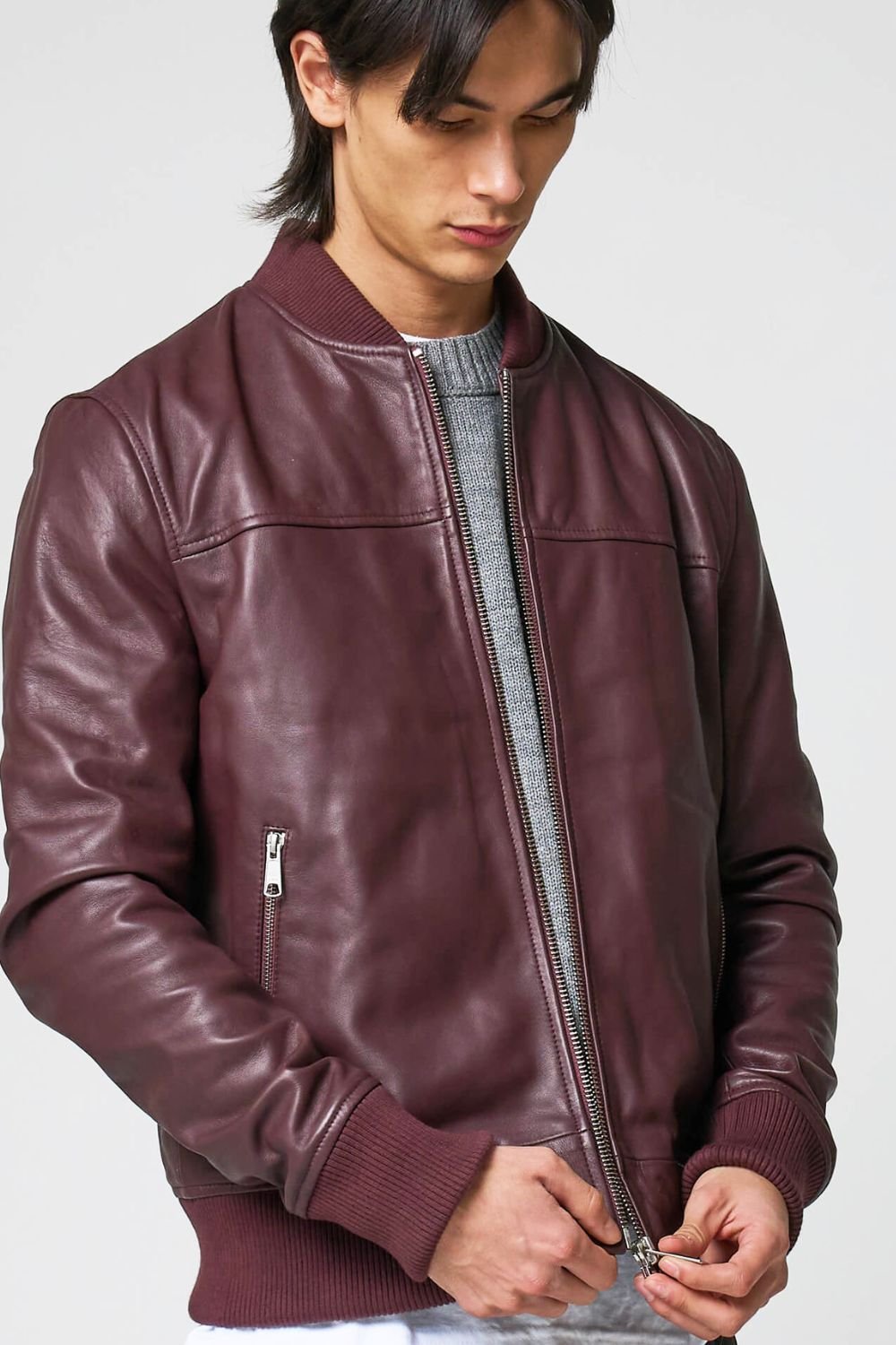 Barneys Originals Barneys Originals Men's Burgundy Real Leather Bomber Jacket - 2