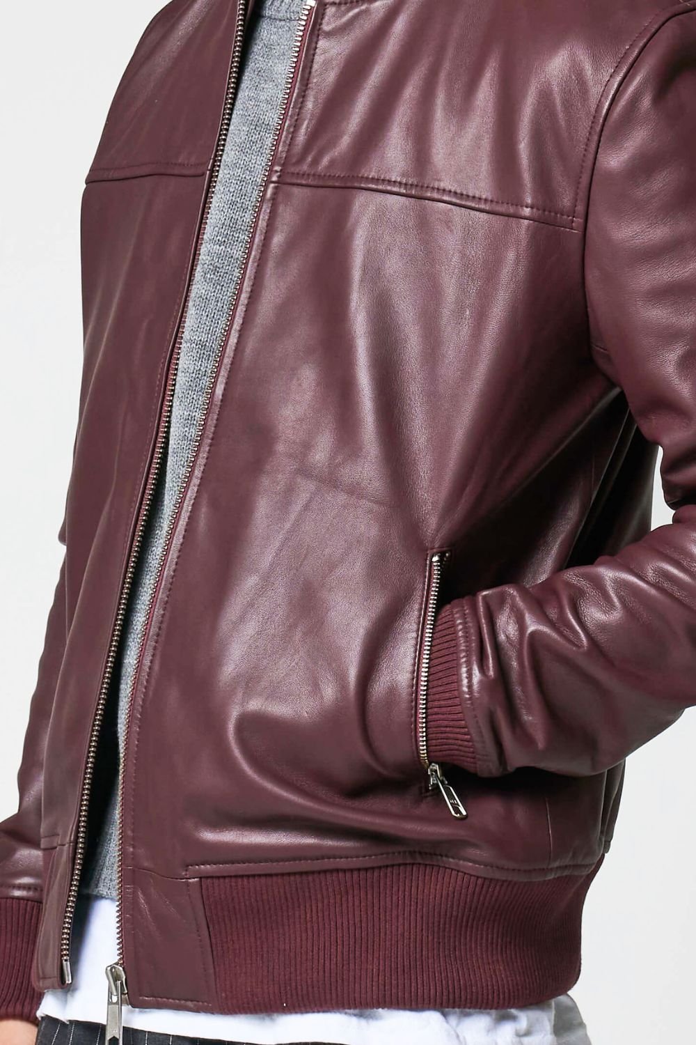 Barneys Originals Barneys Originals Men's Burgundy Real Leather Bomber Jacket - 4