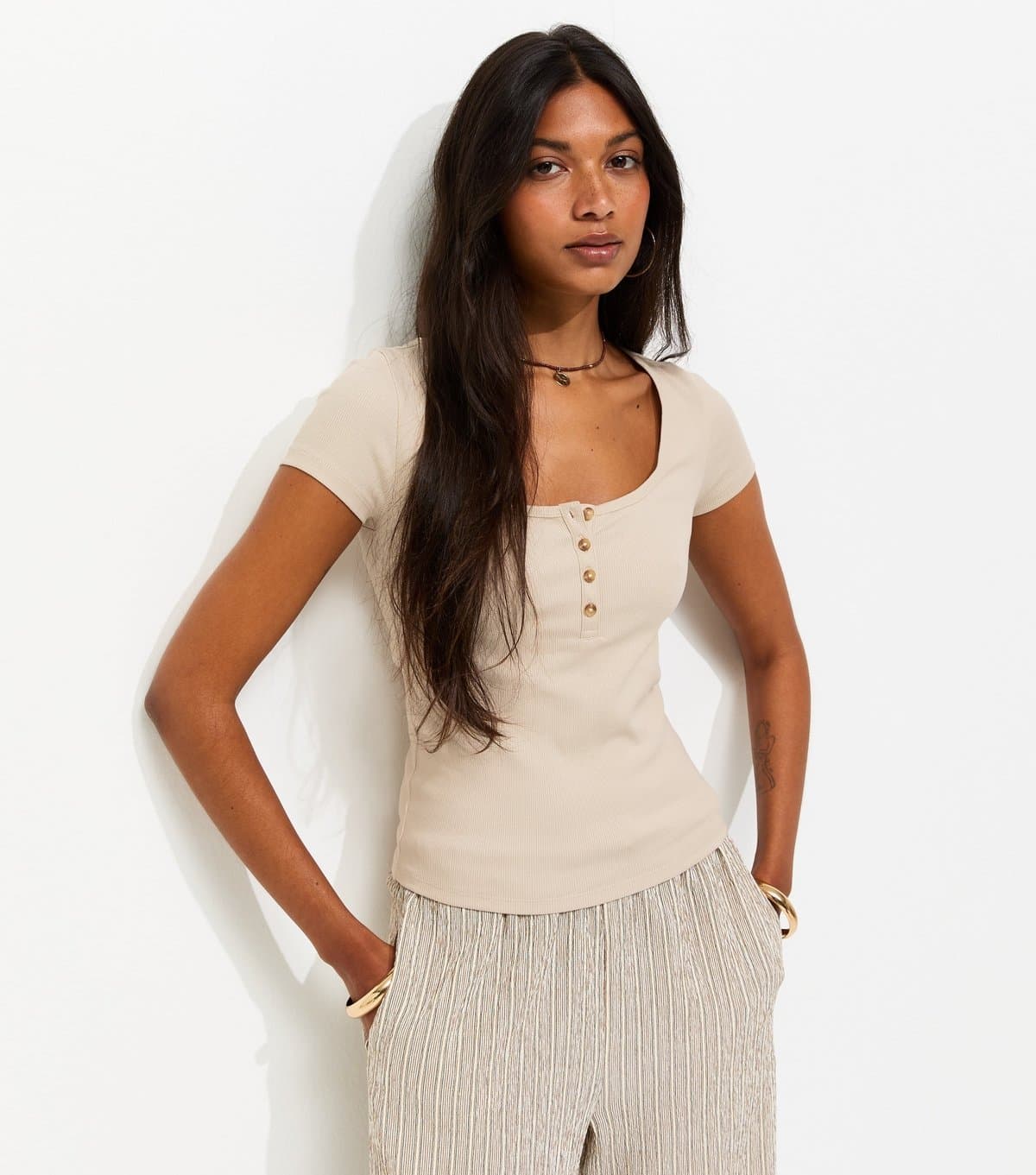 New Look Women's Stone Short Sleeve Ribbed Henley Tee New Look