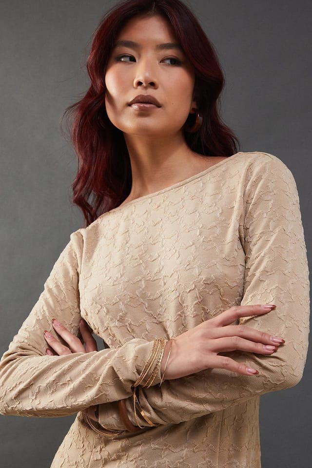 Warehouse Warehouse Women's Jersey Jacquard Slash Neck Scoop Back Midi Dress in Taupe - 2