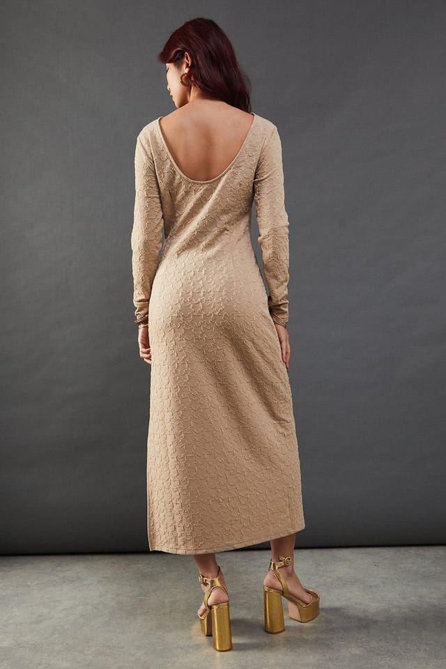 Warehouse Warehouse Women's Jersey Jacquard Slash Neck Scoop Back Midi Dress in Taupe - 3