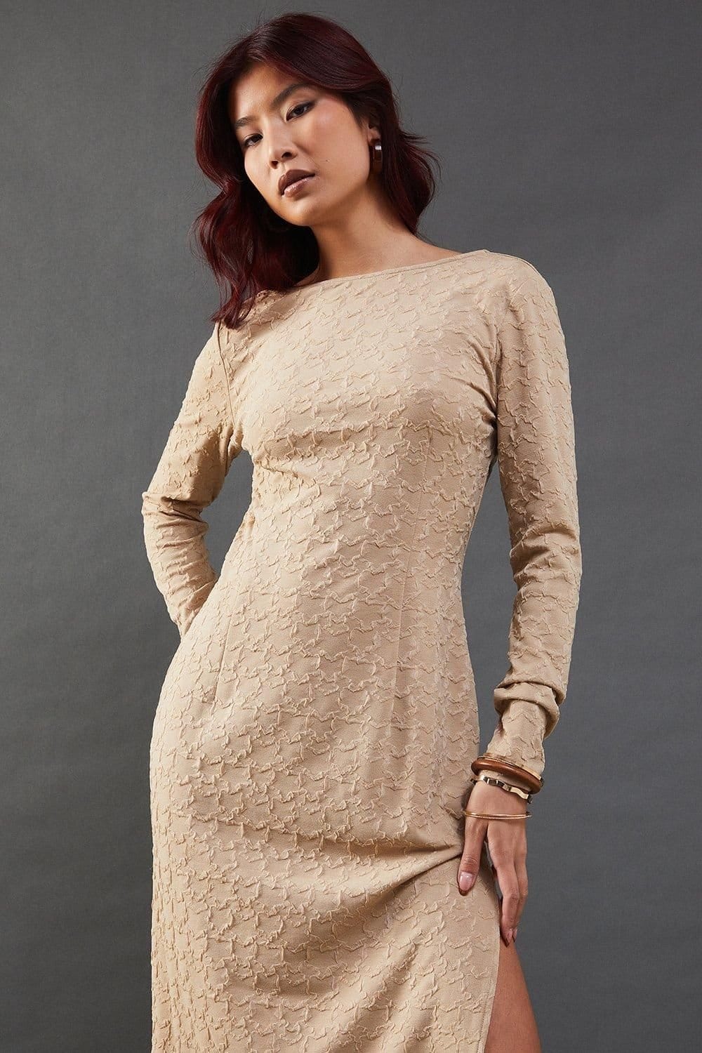 Warehouse Warehouse Women's Jersey Jacquard Slash Neck Scoop Back Midi Dress in Taupe - 4