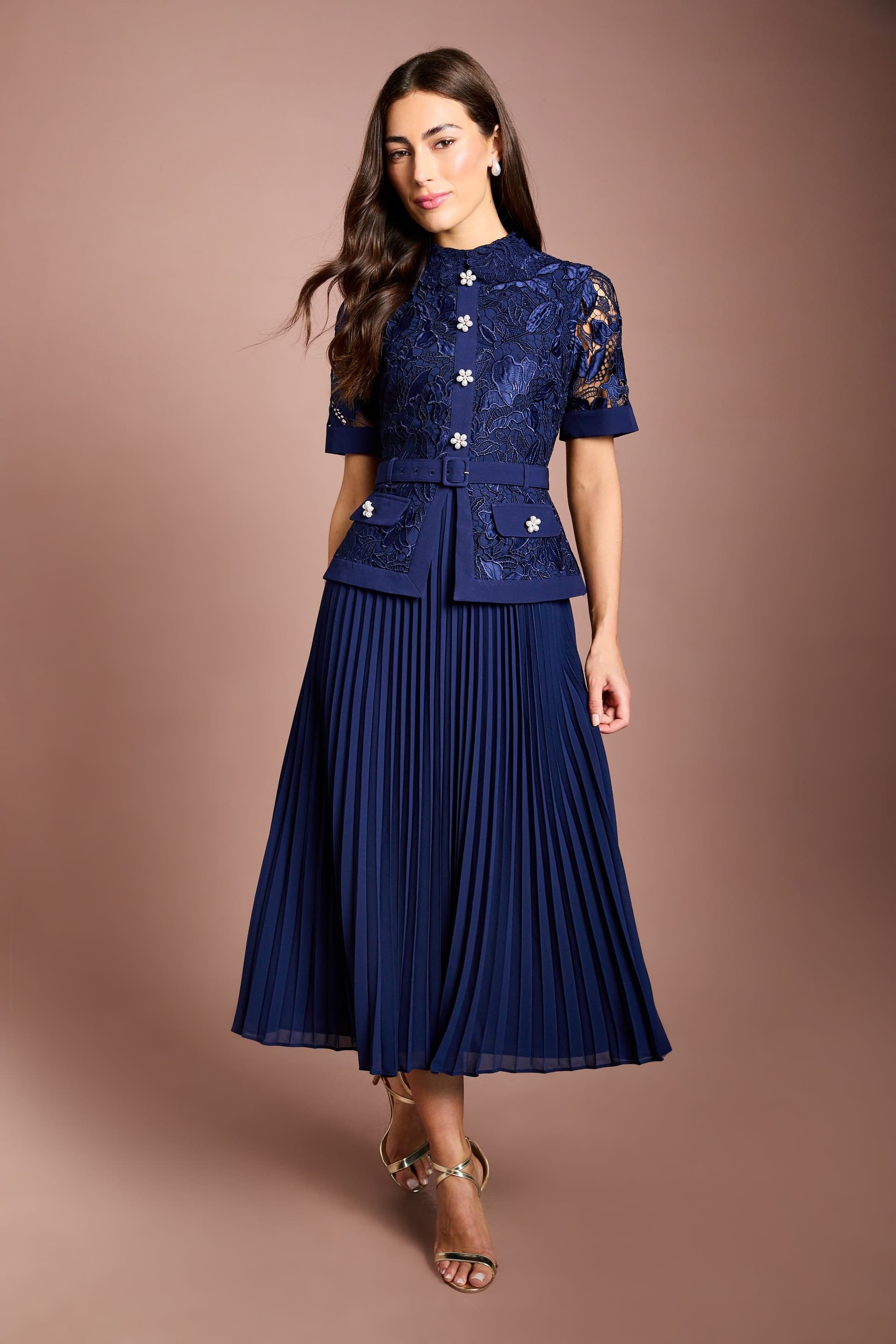 Coast Coast Women's Pearl Button Lace Collared Midi Dress in Navy