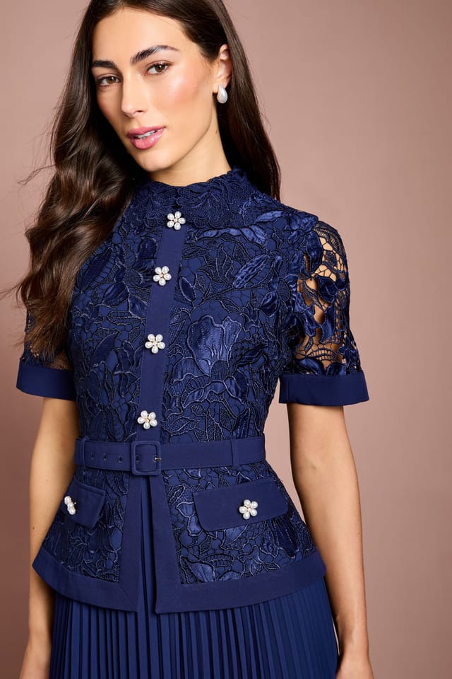 Coast Coast Women's Pearl Button Lace Collared Midi Dress in Navy - 2