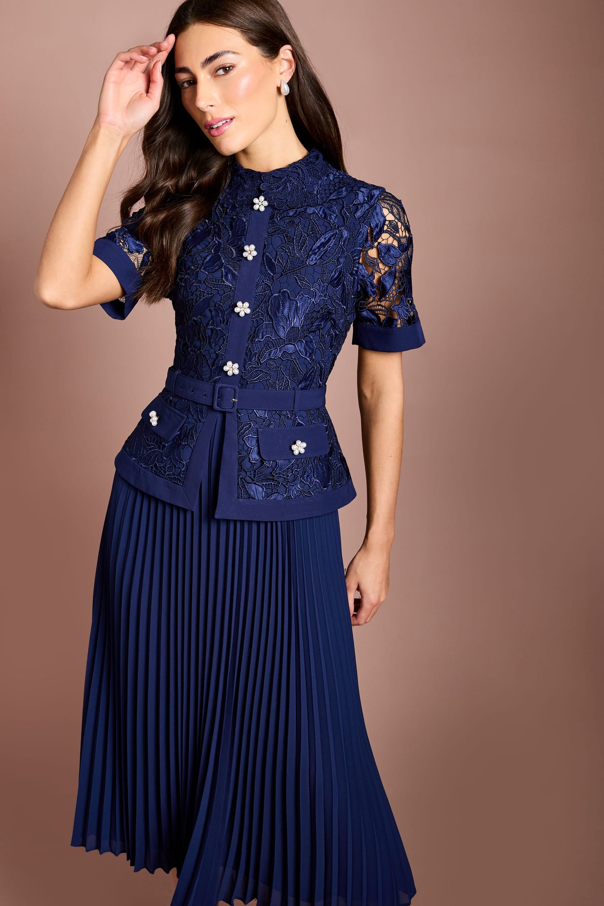 Coast Coast Women's Pearl Button Lace Collared Midi Dress in Navy - 4