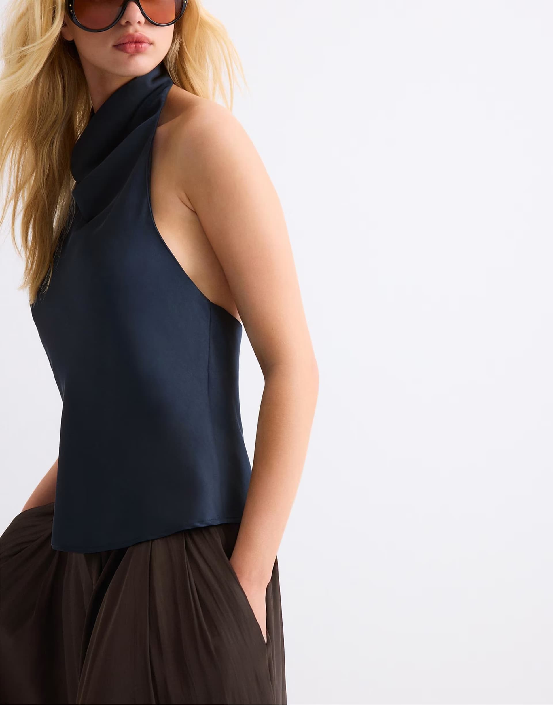 ASOS Stradivarius Satin effect halter top in dark blue