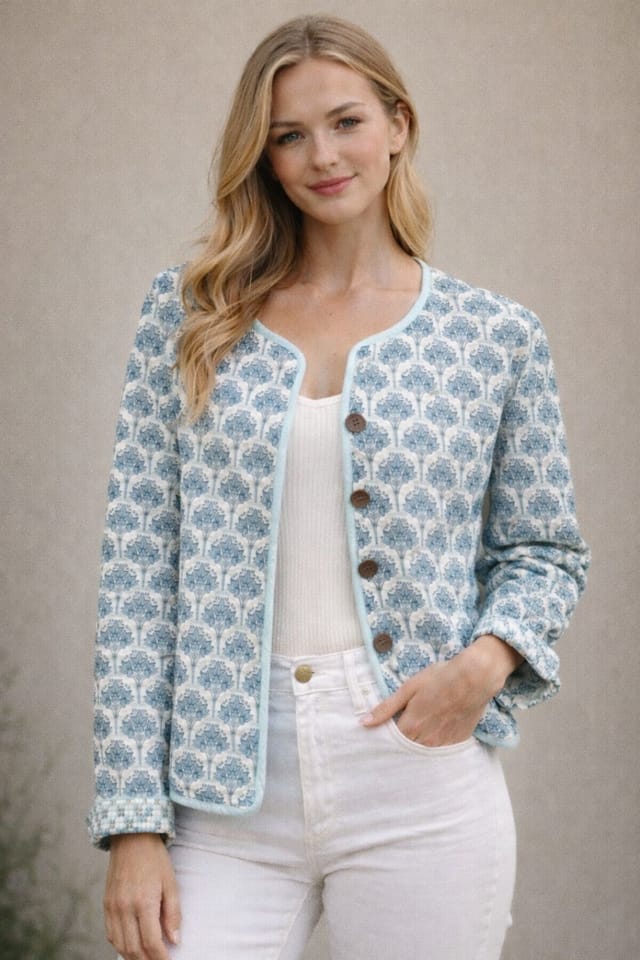 Soul of Sita Soul of Sita Women's Wood block printed cotton quilted reversible jacket in soft blues in Blue - 2