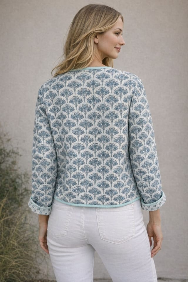 Soul of Sita Soul of Sita Women's Wood block printed cotton quilted reversible jacket in soft blues in Blue - 3