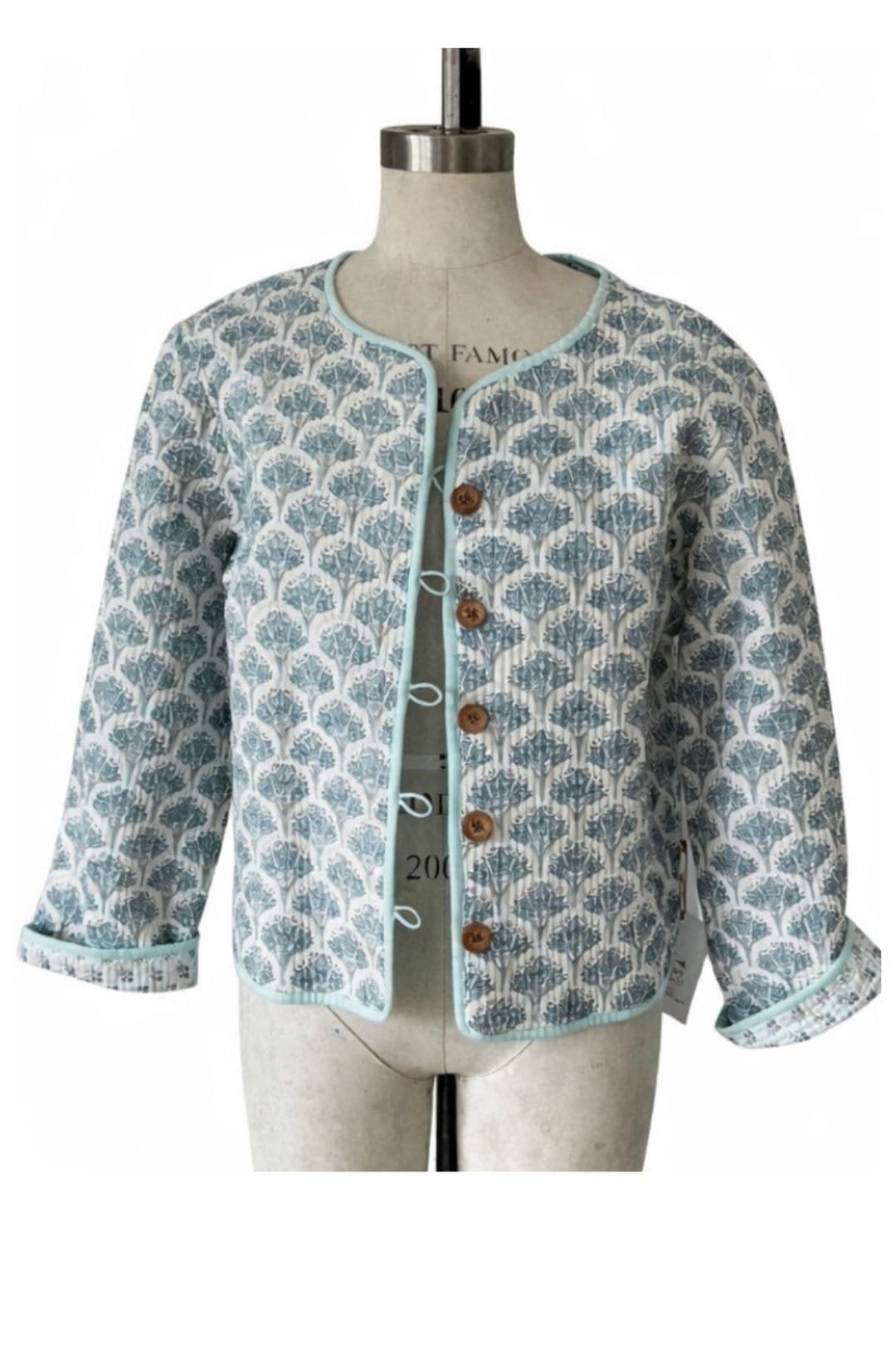 Soul of Sita Soul of Sita Women's Wood block printed cotton quilted reversible jacket in soft blues in Blue - 4