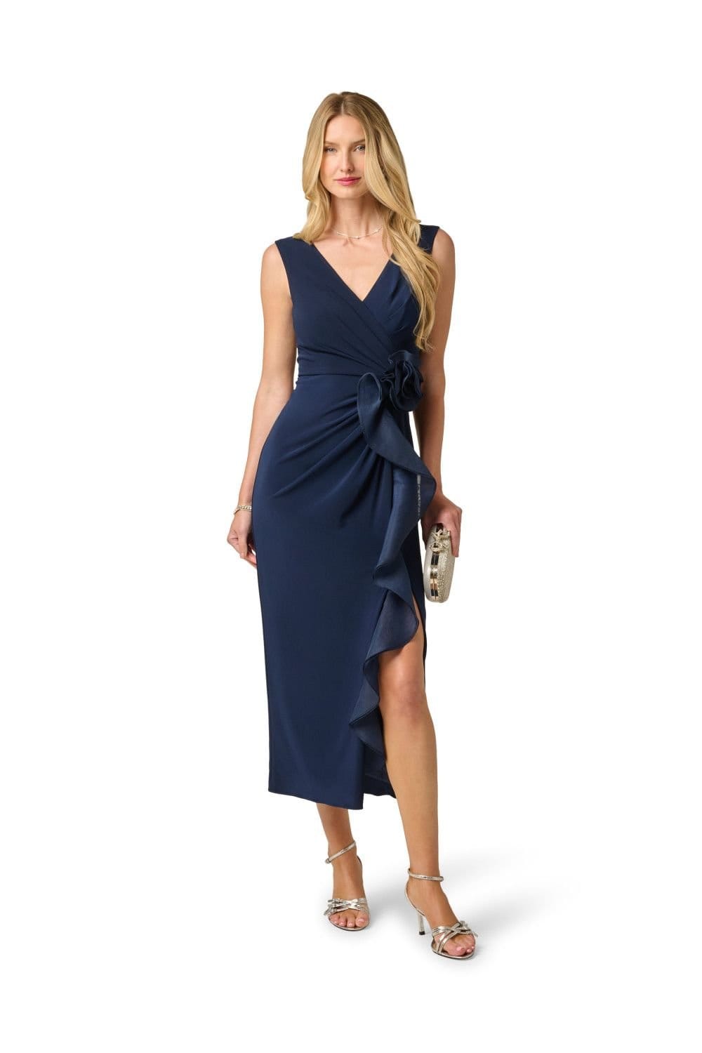 Adrianna Papell Navy Jersey Midi Dress With Organza Details