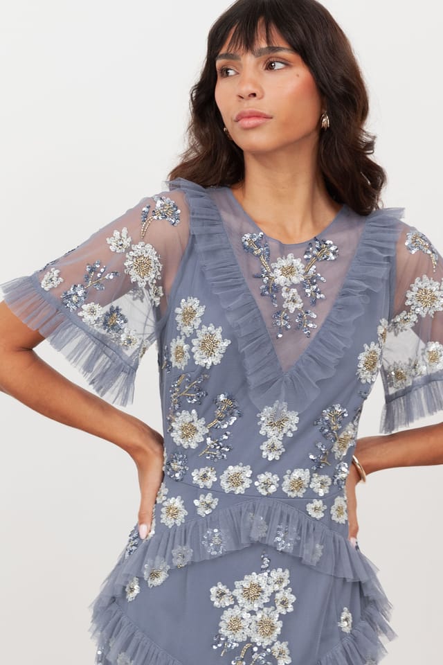 Maya Deluxe Maya Deluxe Women's Embellished Angel Sleeve Ruffle Maxi Dress in Mid Blue - 3