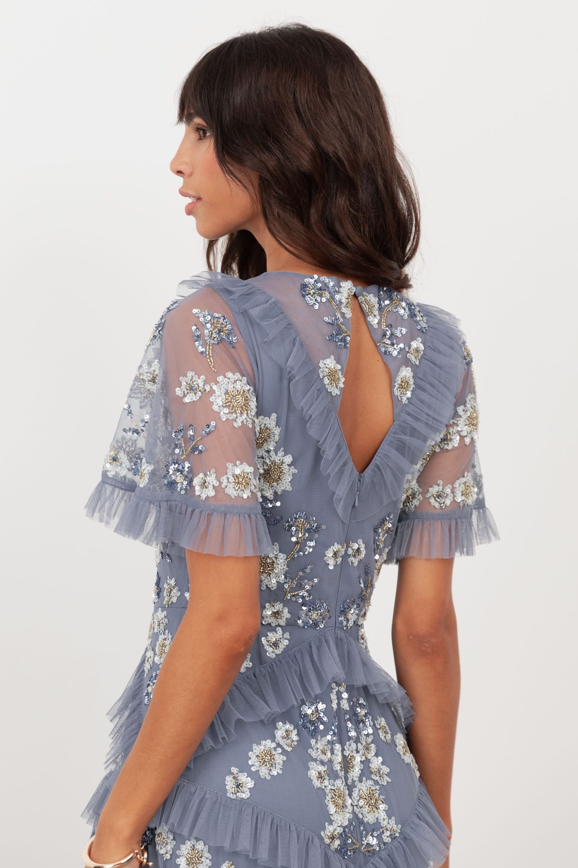 Maya Deluxe Maya Deluxe Women's Embellished Angel Sleeve Ruffle Maxi Dress in Mid Blue - 4