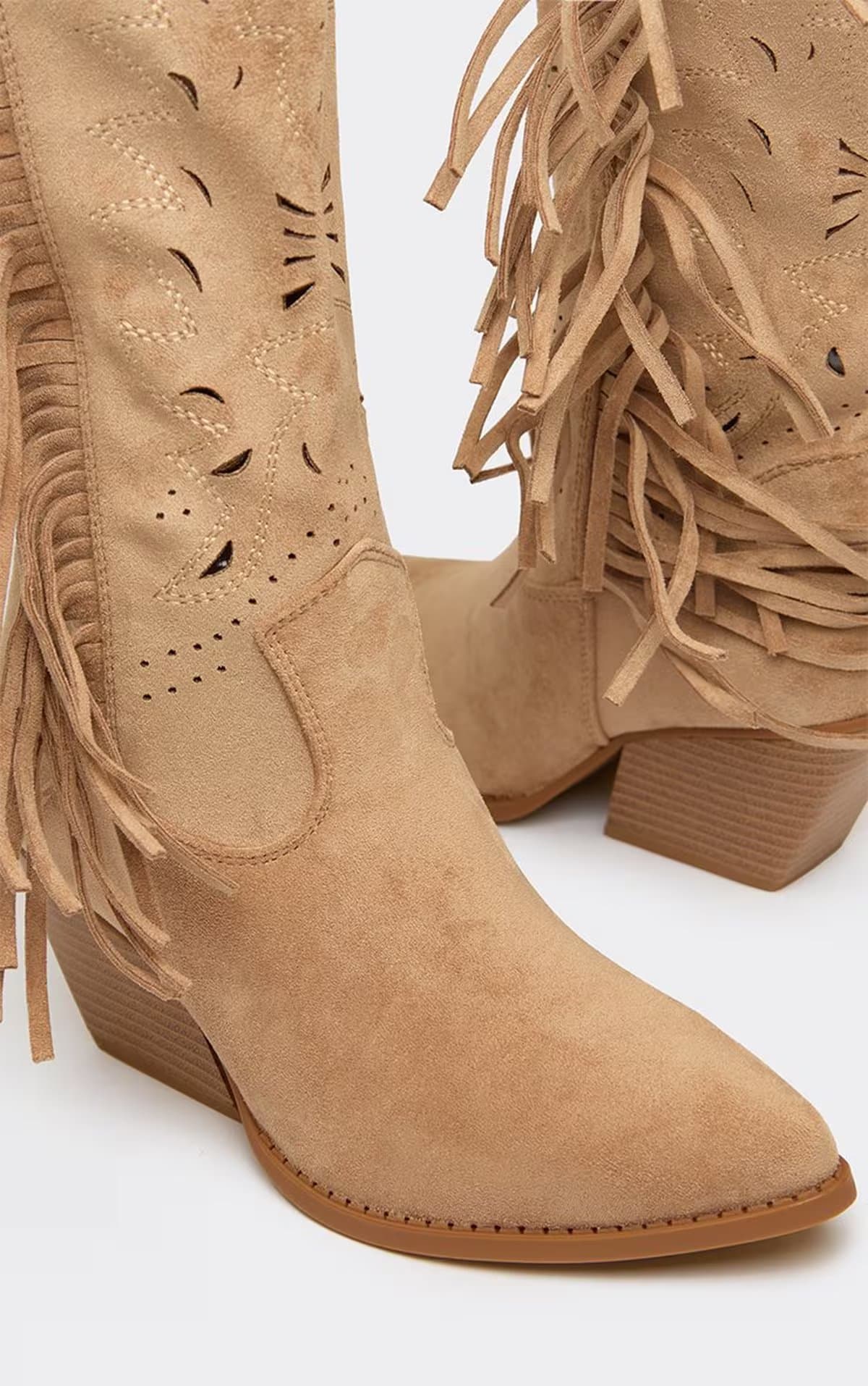 EGO Vadena Tassel Detail Pointed Toe Western Cowboy Boot In Taupe Faux Suede, Women's Size UK 3