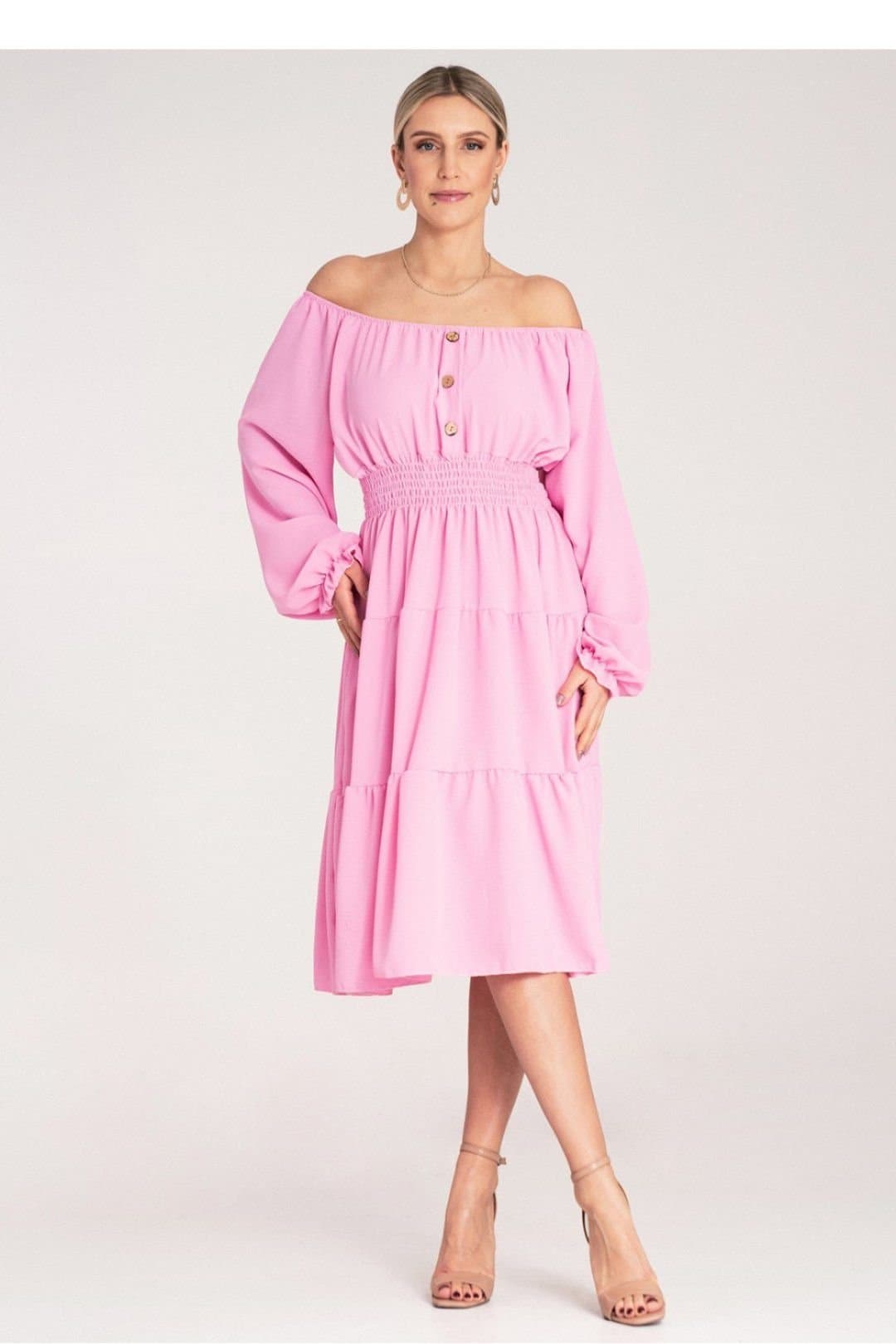 Love Lace Love Lace Women's Ruched Midi Dress Spanish Neck Elastic Waist in Pink