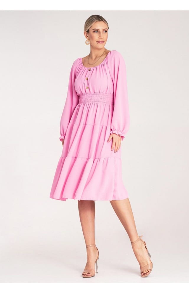 Love Lace Love Lace Women's Ruched Midi Dress Spanish Neck Elastic Waist in Pink - 2