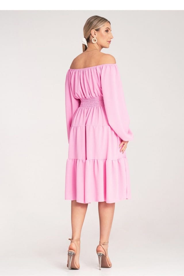 Love Lace Love Lace Women's Ruched Midi Dress Spanish Neck Elastic Waist in Pink - 3