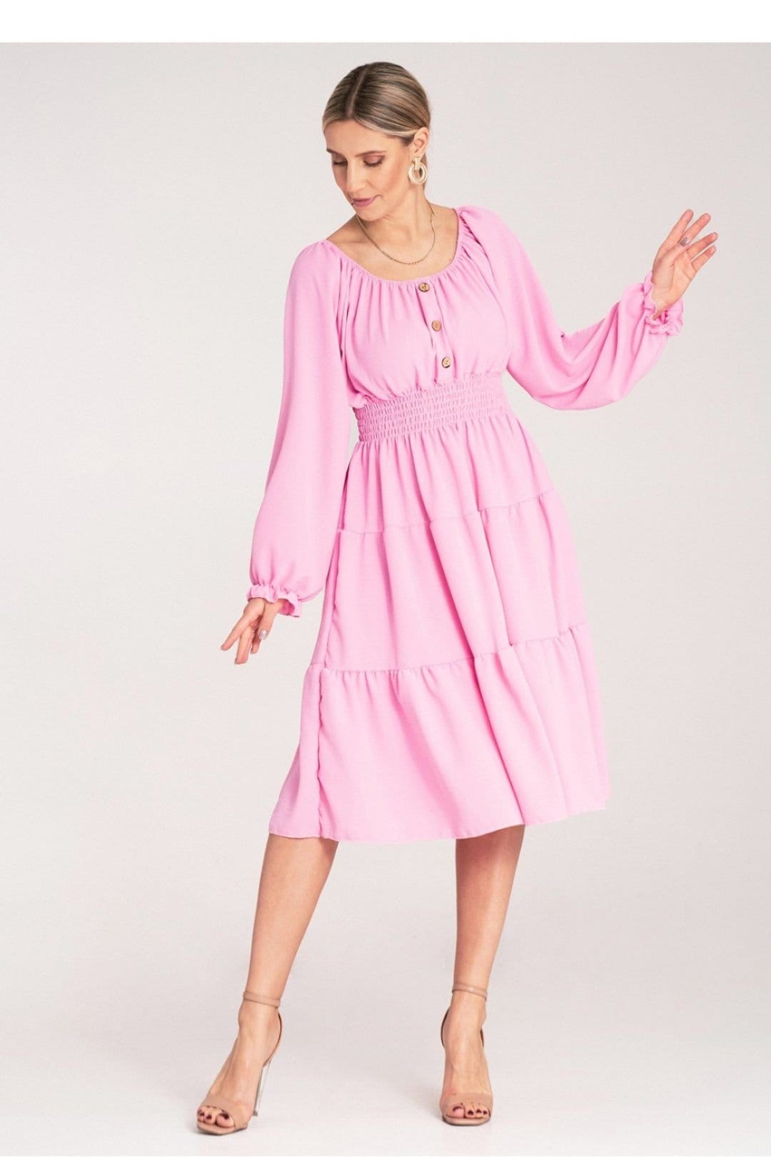 Love Lace Love Lace Women's Ruched Midi Dress Spanish Neck Elastic Waist in Pink - 4
