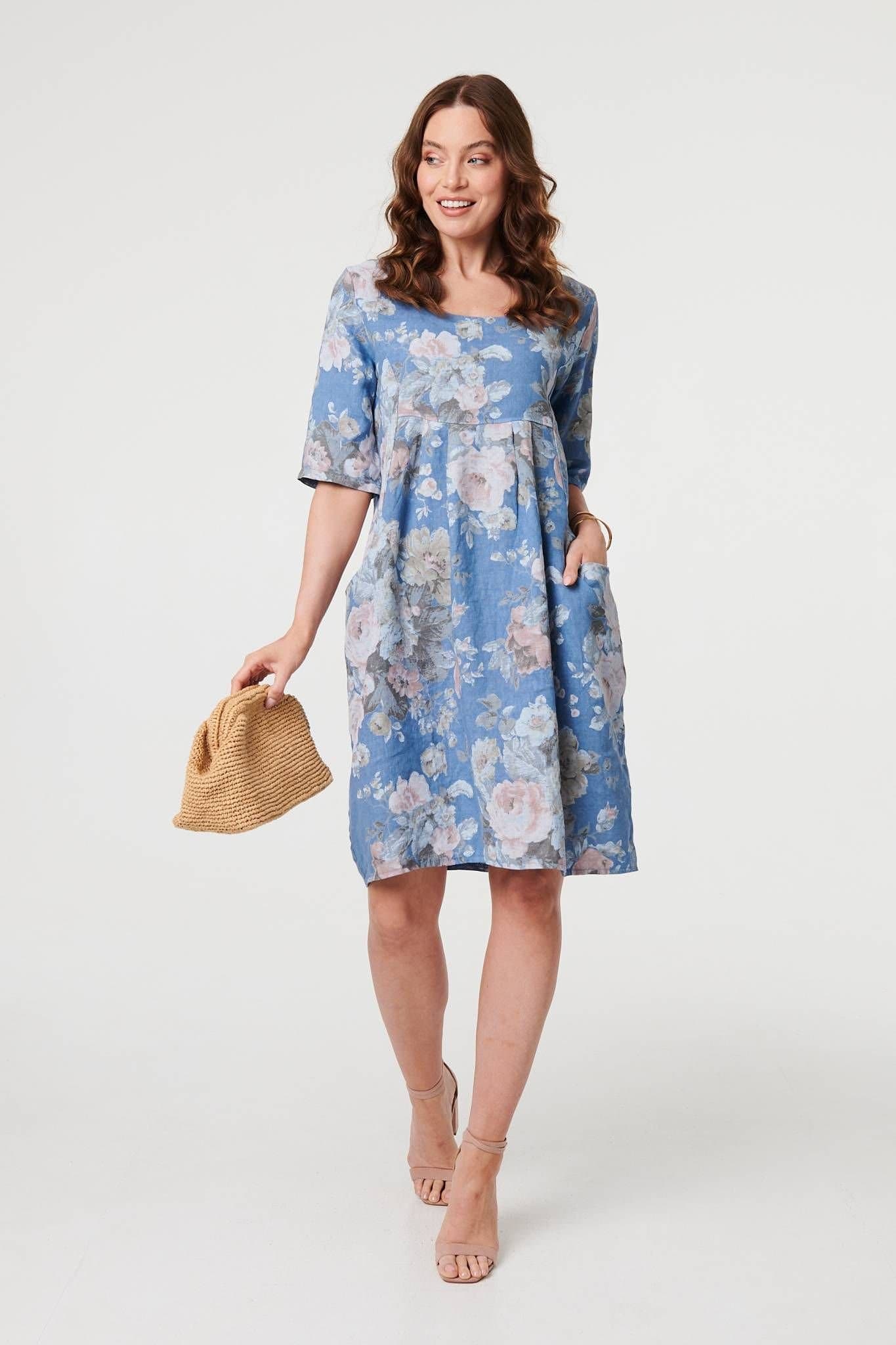 Izabel London Izabel London Women's Floral 3/4 Sleeve Relaxed Short Dress in Blue