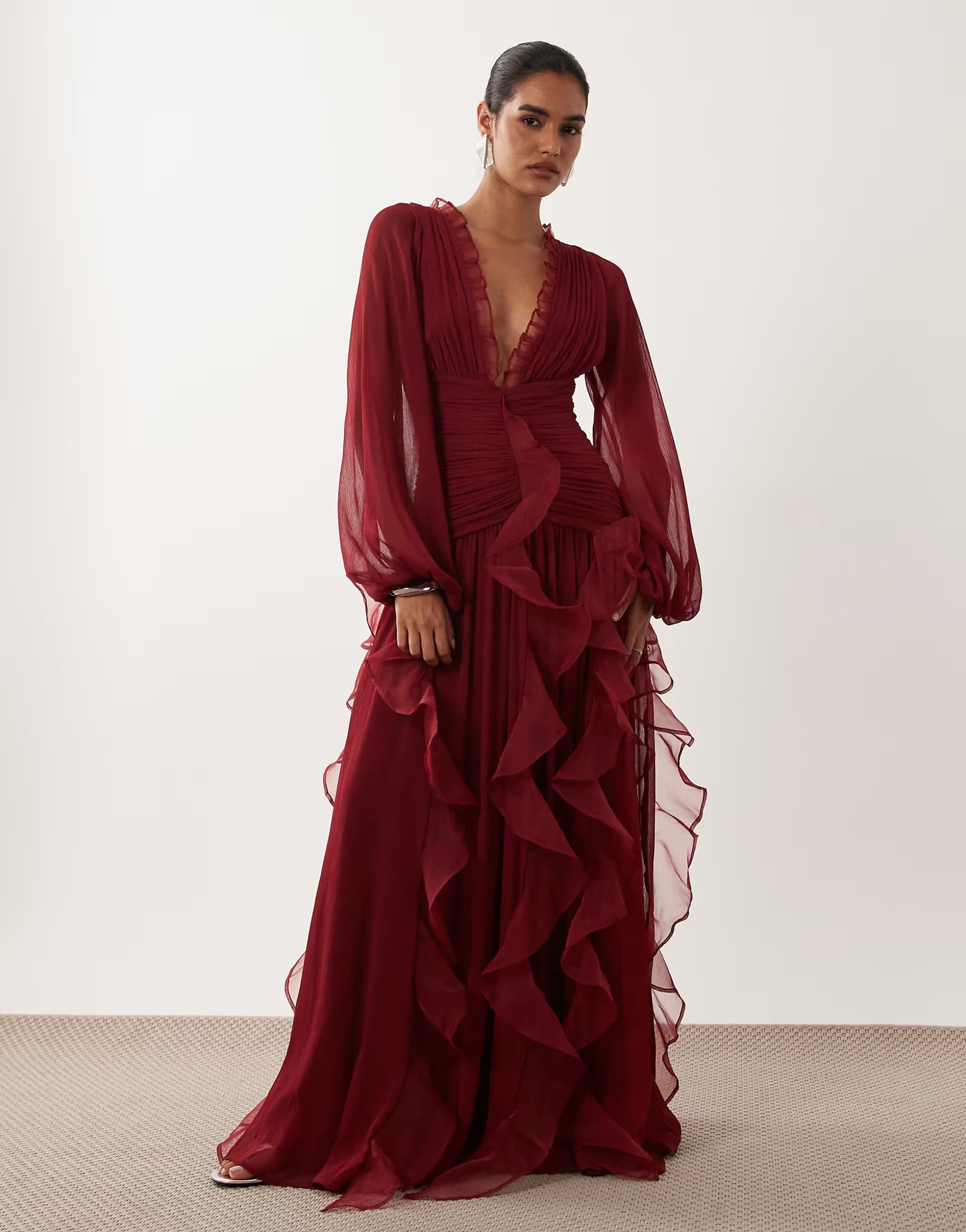 ASOS ASOS LUXE ruched long sleeve maxi dress with waterfall detail in burgundy